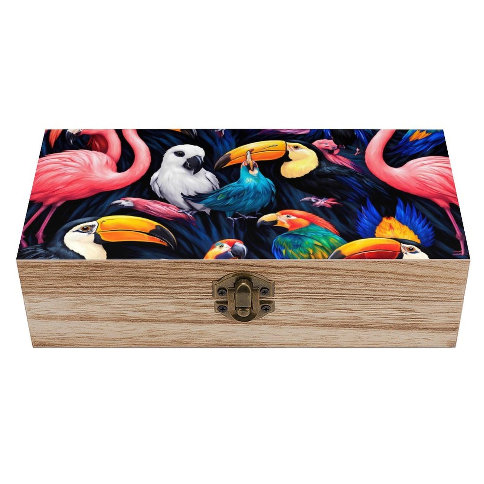 SMAZDFXX Exotic Birds Parrot Flamingo Art Wooden Storage Box With Hinged Lid Decorative Front Clasp Keepsake Boxes