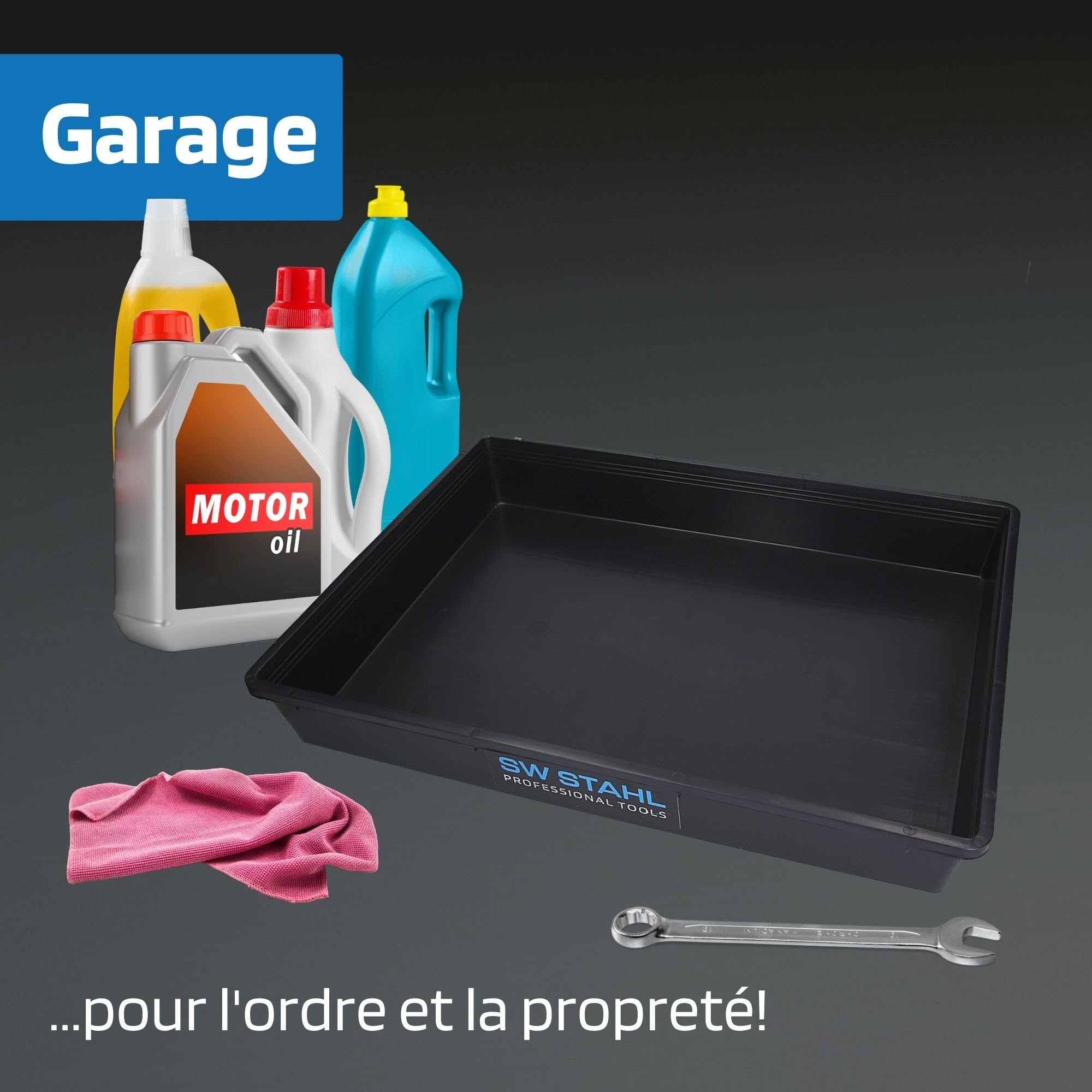 SW-Stahl 07376L Bac de rétention universel 18 L - Bac à huile rectangulaire | Récipient indéformable premium 560x430x85 mm, idéal pour liquide de refroidissement, lave-glace et vidange de voiture.