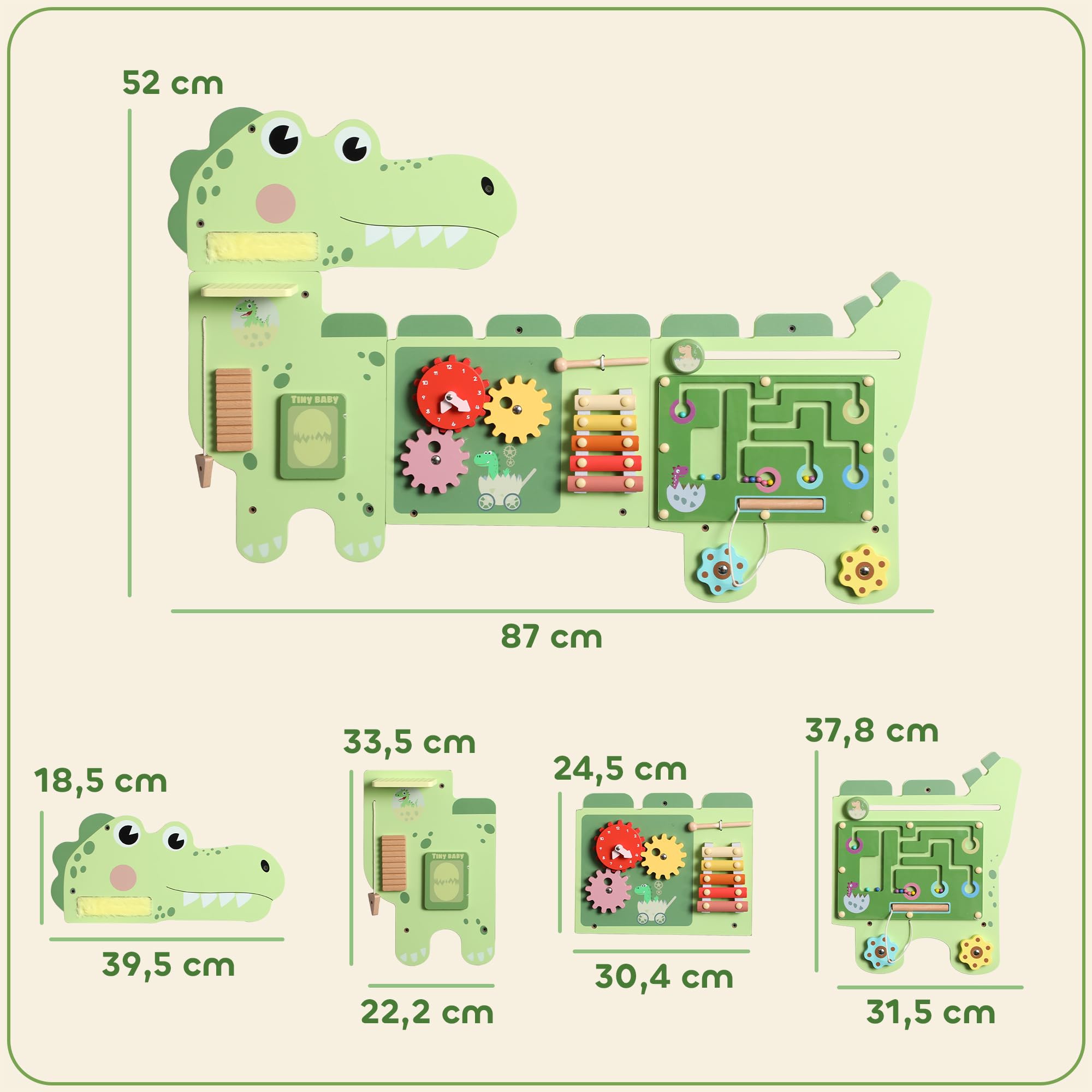 AIYAPLAY Montessori drewniana deska motoryczna, dinozaury, montowana na ścianie, zabawka z zegarem ksylofonowym, zębatkami, prętami dźwiękowymi, zabawka edukacyjna dla dzieci od 2 roku życia