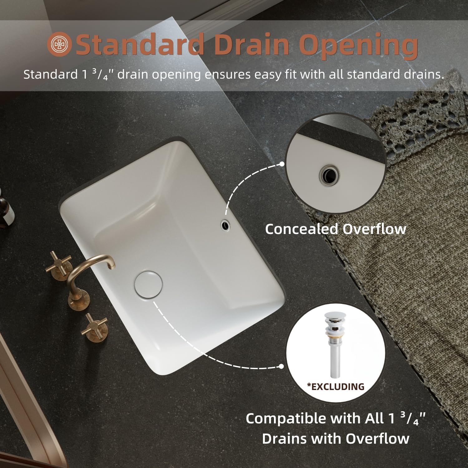 Fregadero de baño rectangular de 51 cm x 38 cm, de cerámica blanca con desbordamiento, ahorro de espacio, de porcelana vítrea, bajo encimera