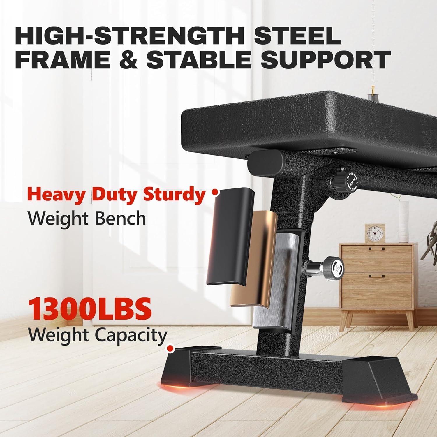 Weight Bench, Foldable Flat Bench with Gym Quality 1300 LBS Capacity | 5-level height, 2.5" thick cushion, sturdy T-Legs, compact storage flat bench for weight training and ab exercises, black