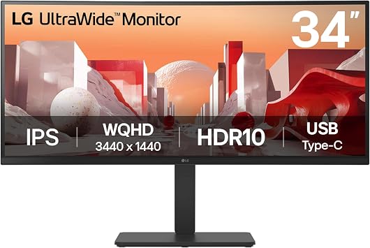 LG UltraWide Monitor 34BA75QE - UWQHD 1440p IPS 34 inch, 60Hz, 5ms, HDR10, Built-in Power/KVM/Speakers, Height-Tilt-Swivel Adjustments, LAN RJ45, USB-C 90W PD, USB Hub, HDMI, DP 1.4, Black
