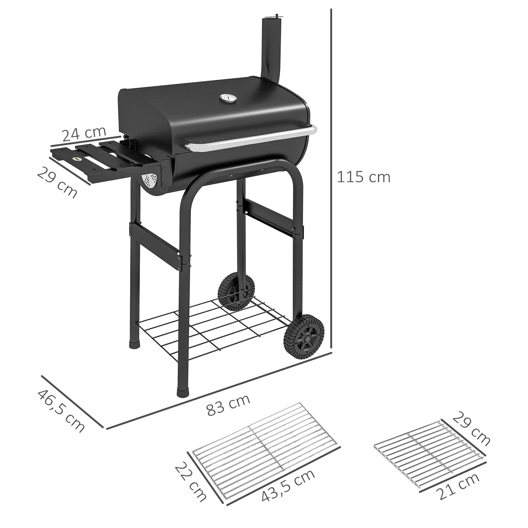 Outsunny Barbecue au charbon de bois chariot de BBQ, avec étagères, roulettes, couvercle, thermomètre, cheminée, en métal noir