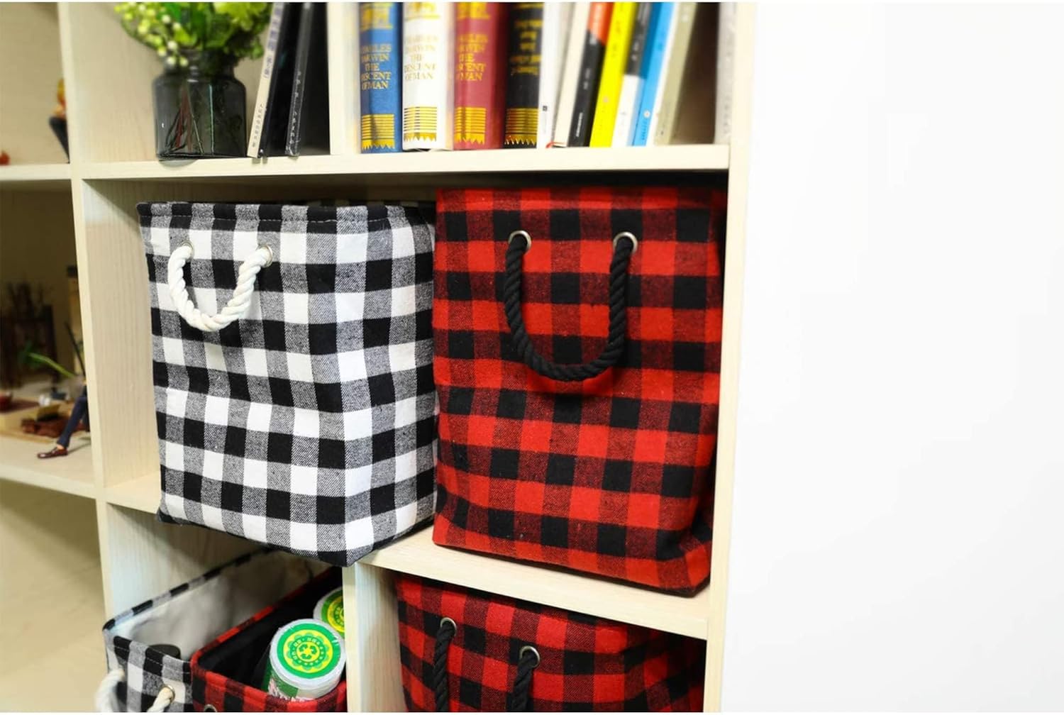 Large Rectangular Decorative Storage Bins Foldable Laundry Hamper Baskets Buffalo Grid Pattern with Rope Handles for Blankets, Toys, Nursery, White Black Grid, L