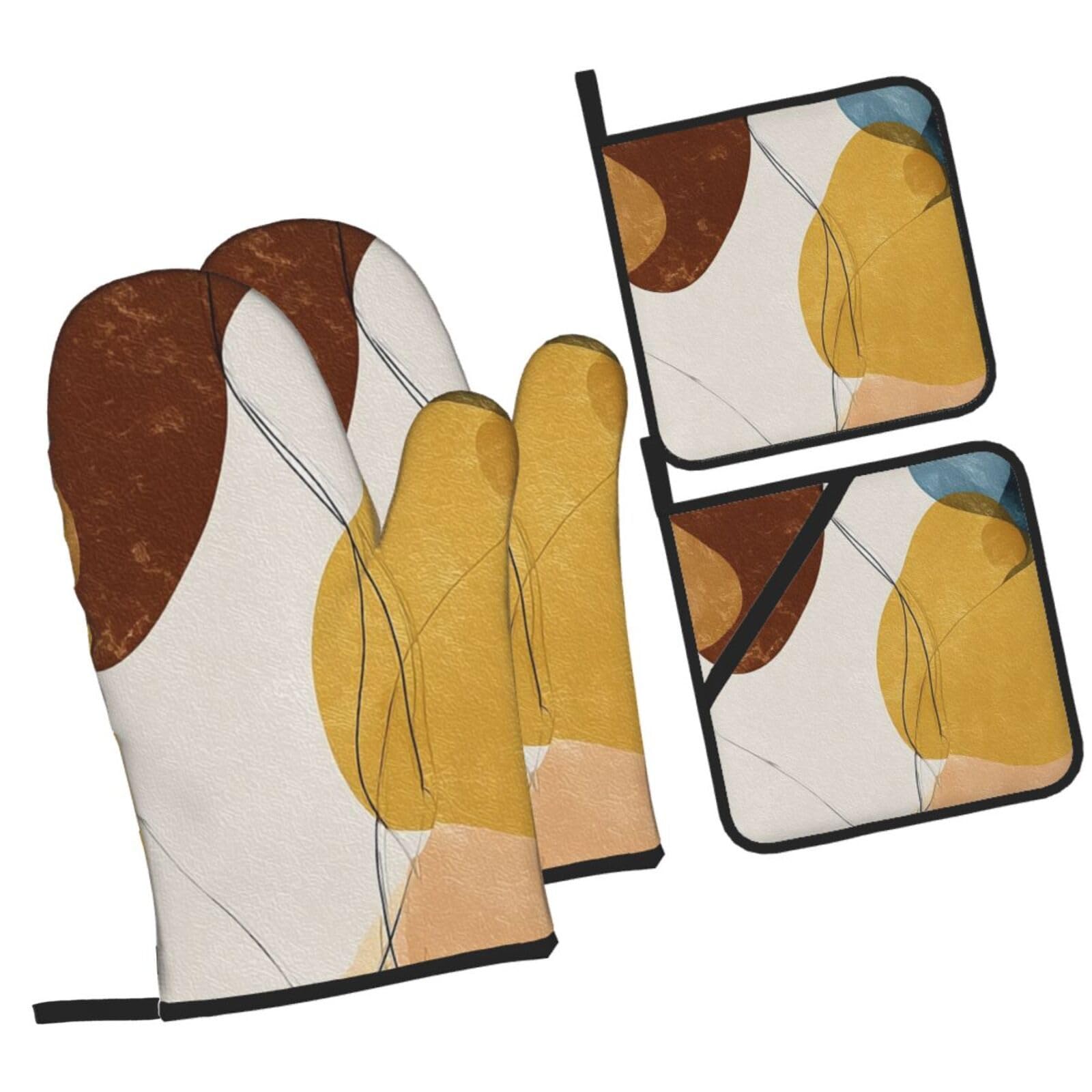 Guantes Horno Profesional Color De Chocolate Beige Guantes Horno un par y 2 Manteles Aislados, para Cocinar Barbacoa, Parrilla Impermeable, Resistente al Aceite y al Calor