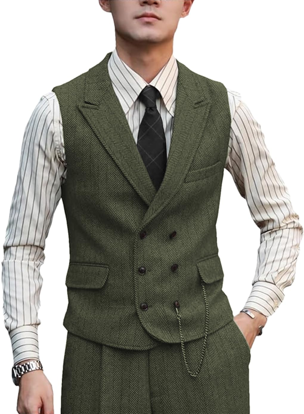 Zeattall Men Vests Wool Herringbone Tweed Suit Vest Double Breasted Waistcoat, Army Green, 3XL