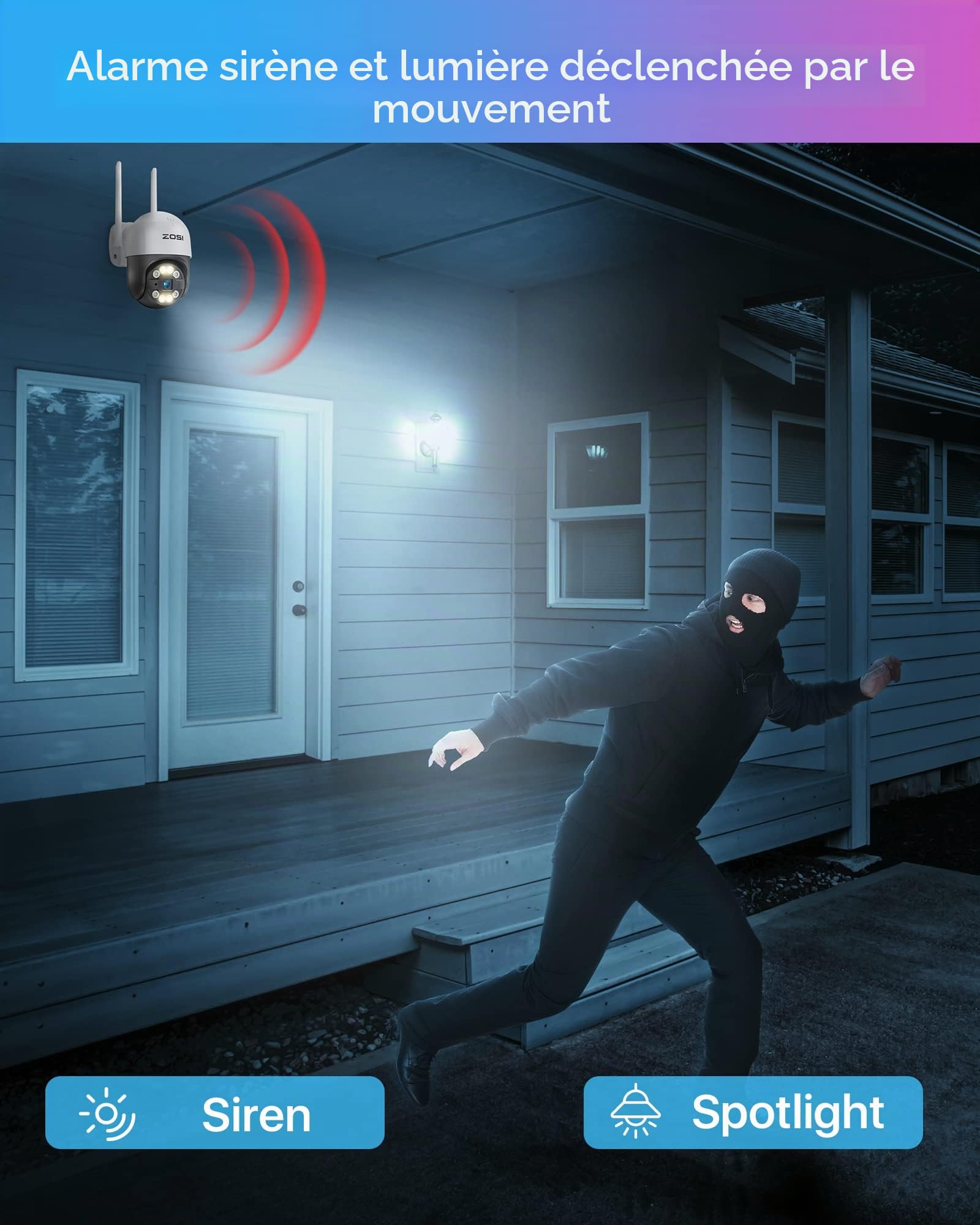 ZOSI Kit Caméra de Surveillance WiFi Extérieur 3MP, 4 Caméras IP Dôme PT 355°/140°, Audio Bidirectionnel, Détection de Personnes, Vision Nocturne Couleur, Alarme Lumière, sans Disque Dur