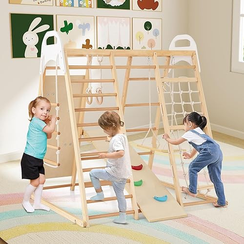 Miniatura 8 de HONEY JOY Gimnasio de la selva interior 8 en 1, juego de escalador de madera con columpio, tobogán, pared de roca escaladaredescalera, barras de