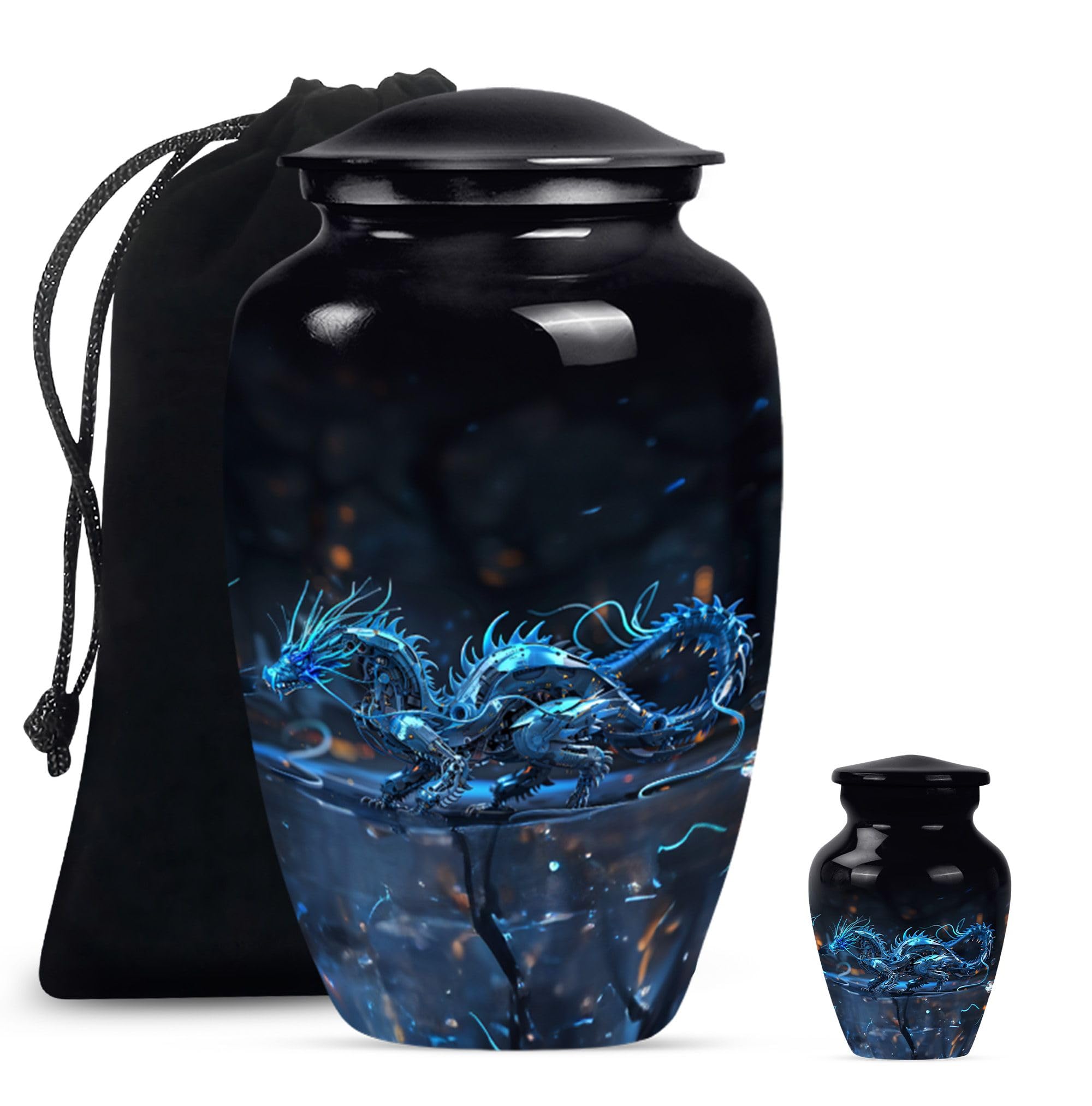 YATHABHISA Dragon Urn, Combo of 1 Large Urn with Velvet Bag and 1 Small - Small Urns for Human Ashes Keepsake - Large Urns - Ashes Keepsake Urn - Urns for Men & Women - Memorial Ashes Keepsake, Black