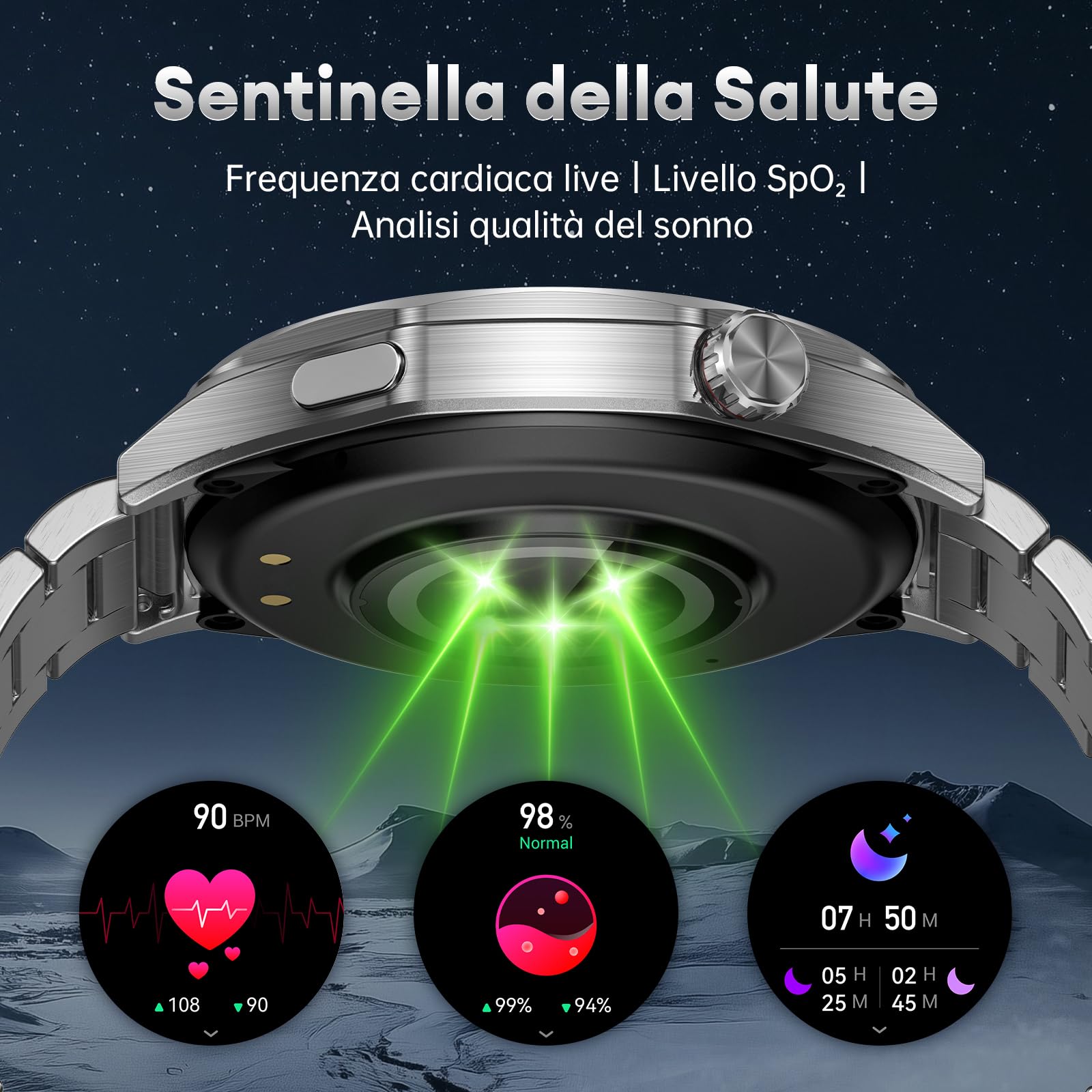 Orologio Smartwatch Uomo, 1,52'' Smart Watch Militare con Batteria 500 mAh/Impermeabile IP68/120+ Modalità Sport/Frequenza Cardiaca/SpO2/Sonno/Contapassi/2 Cinturini per Android iOS, Argento