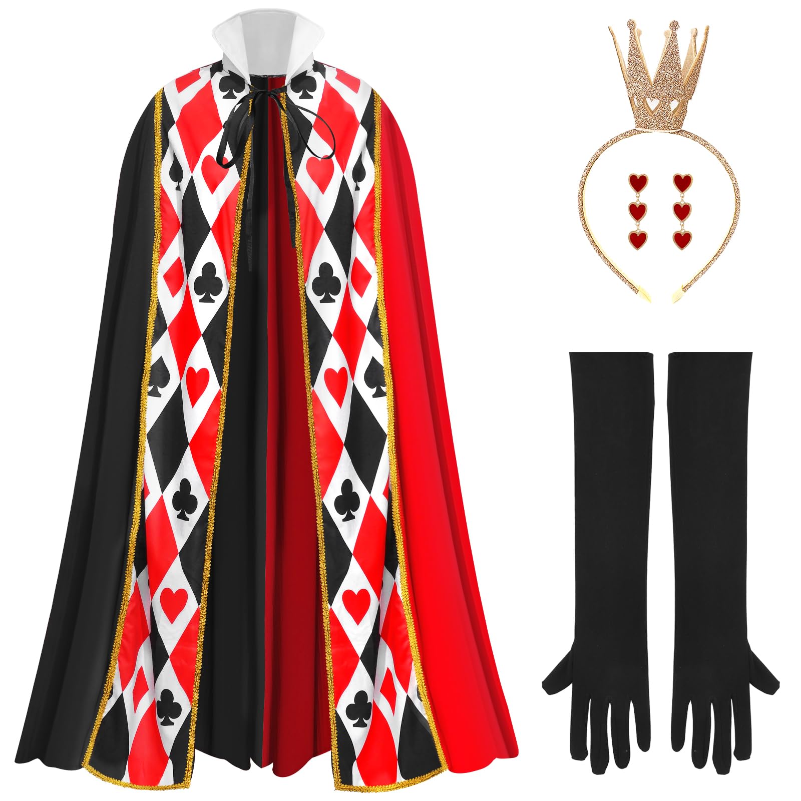Maazusa Halloween Queen Costume for Women 4Pcs Queen Heart Cape Fancy Dress Outfits with Gloves Crown Headband Earrings Cape for Halloween Carnival Cosplay Party