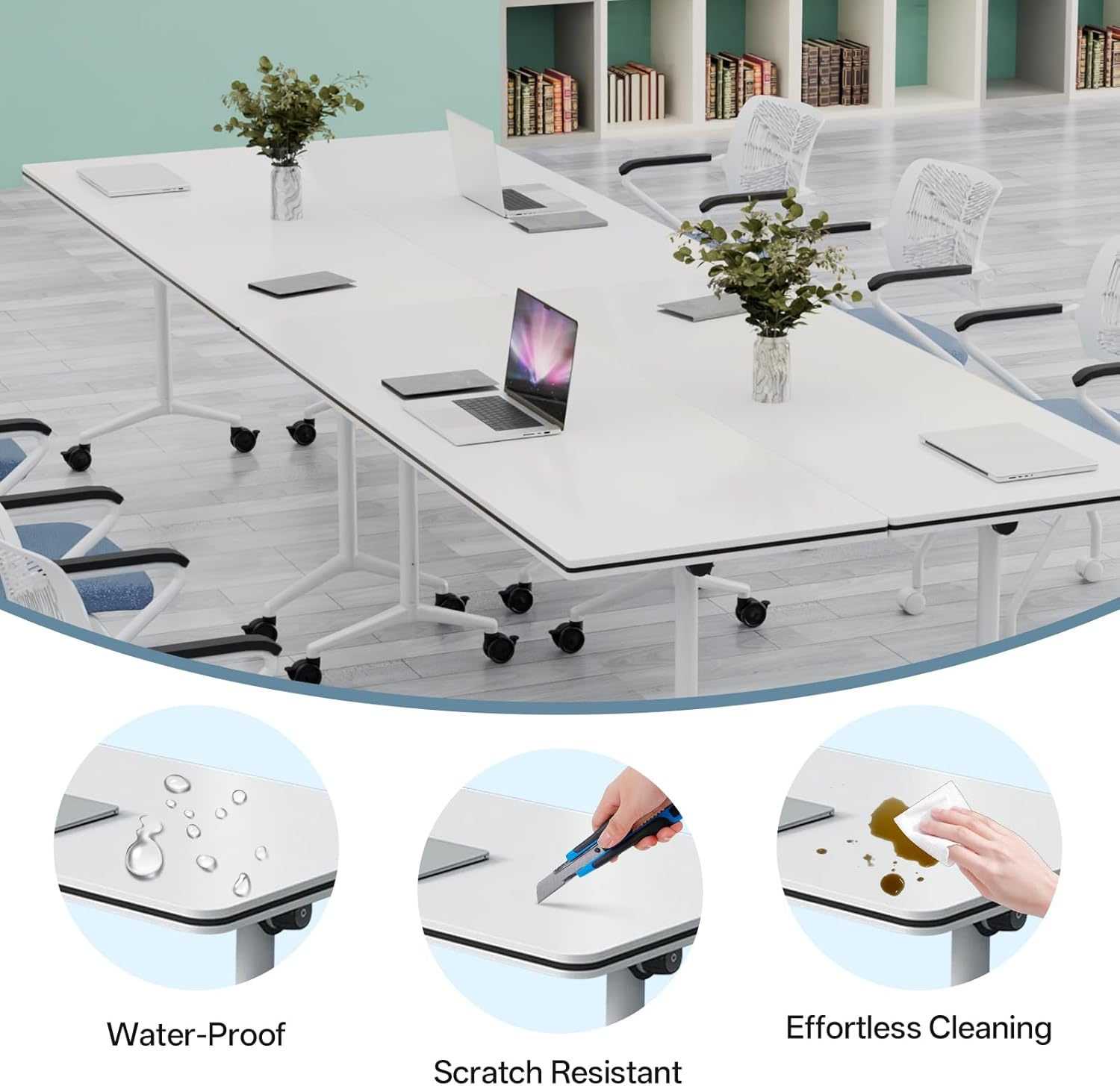 Modular Conference Table, Folding Conference Room Tables with Wheels, Modern Rectangle Training Table with Flip Top, Large Seminar Tables for Office Boardroom Meeting Room (4pack 70.8in)