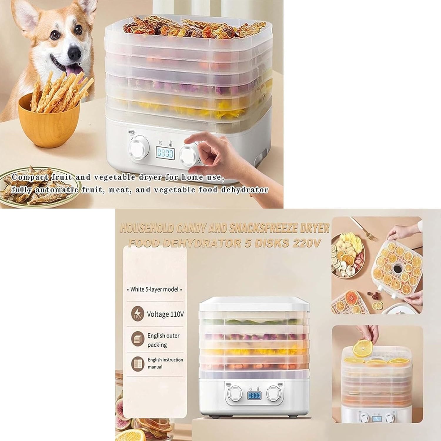 2025 Upgraded Food Dehydrator with 5 Trays - Digital Timer & Adjustable Temperature Control, Ideal for Fruits, Meat, Vegetables, Candy & Snacks (White)