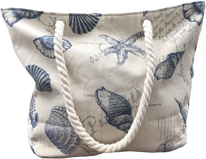 Beach Bag With Inner Zipper Pocket from Tote Bag with Top Zipper and Rope Handles (M-Medium, Beige)