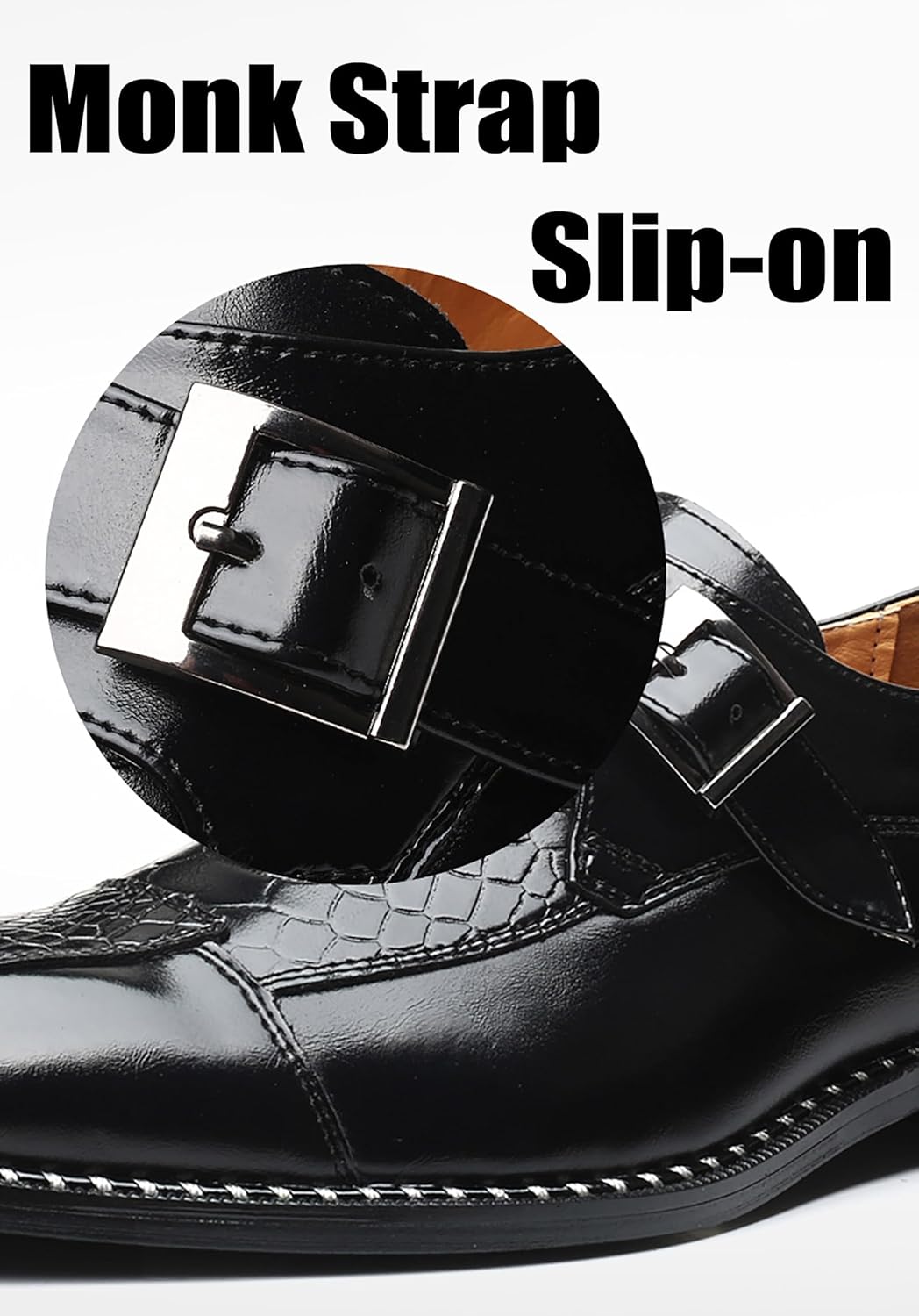 Pointed Toe Dress Oxfords Shoes for Men with Monk Strap, Vintage Casual Slip-on Hand Stitched Stacked Heel Wide Derby Shoe for Office Work Business Fashion - Image 4