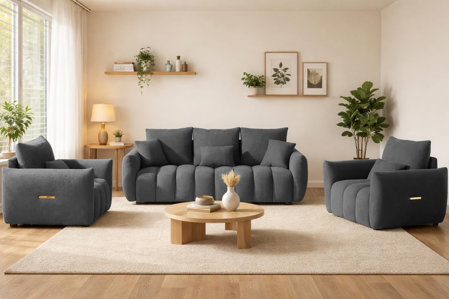 Casaliving Velora Modern Velvet Bubble Cloud Sofa, Tufted Design Upholstered 3+1+1 Seater Sofa Set for Living Room, (Black Colour) Premium Velvet Fabric Sofa