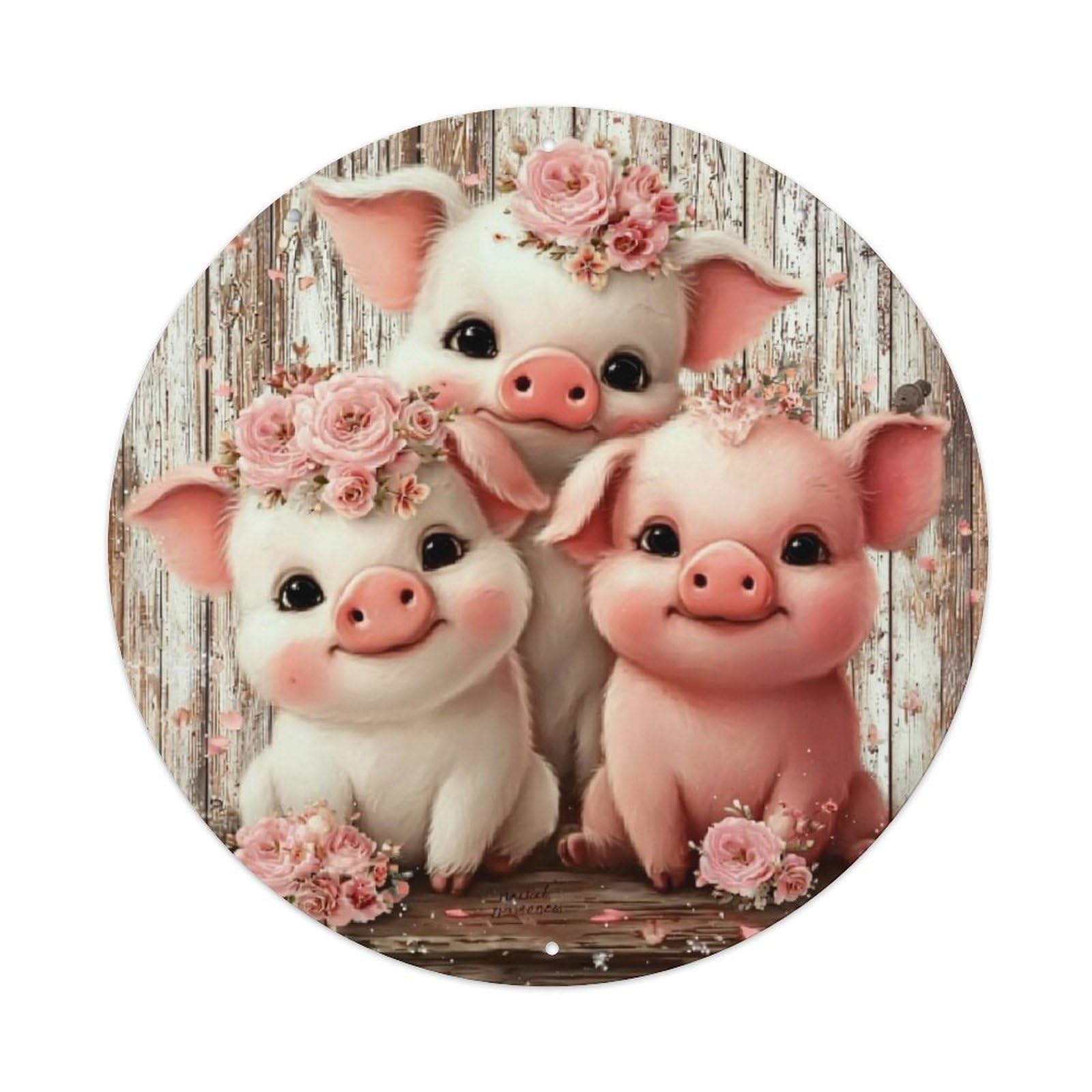 Cute Piglets With Flowers Retro Metal Sign Round Tin Sign, Vintage Decor Art Poster for Bar, Home, Man Cave, Kitchen, Laundry Room Gift 8x8Inch