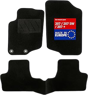 DBS - Tapis de Sol Voiture - sur Mesure - Adapté à Votre Peugeot 207/207 SW / 207 + (04/2006-06/2014) Antidérapant : Clips de Fixation et Autogrip - 3 pièces : Protection du Pont arrière - Moquette