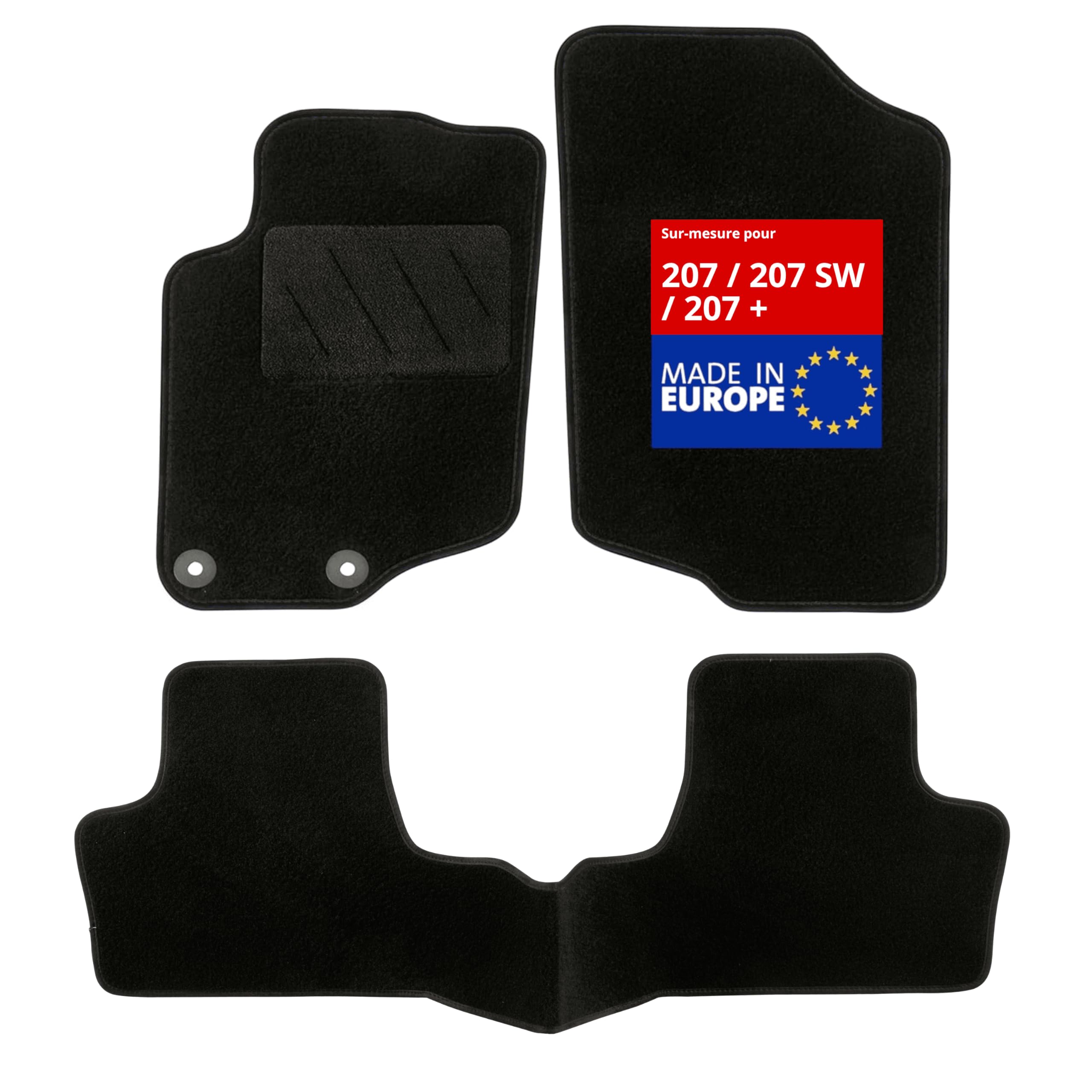 DBS - Tapis de Sol Voiture - sur Mesure - Adapté à Votre Peugeot 207/207 SW / 207 + (04/2006-06/2014) Antidérapant : Clips de Fixation et Autogrip - 3 pièces : Protection du Pont arrière - Moquette
