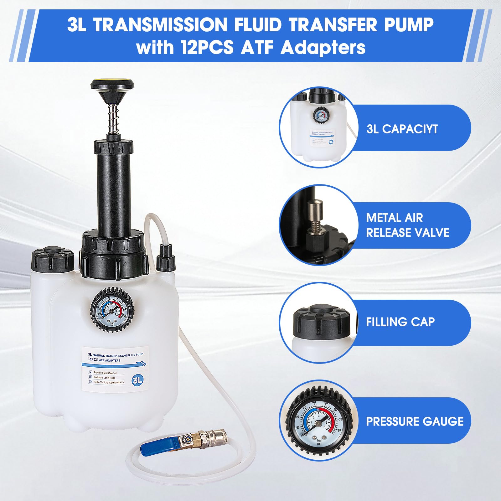 Bomba de líquido para transmisión,3L Bomba de llenado para transmisión con 12 adaptadores ATF, Bomba Manual de Transferencia de líquido para transmisión