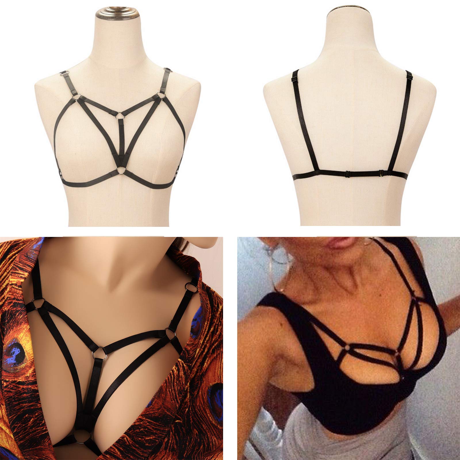LIVE4COOL Women Harness Elastic Cupless Cage Bra Sexy Lingerie for Women Adjustable Hollow Out Crop Top Exotic Strap Bra: Black Kit