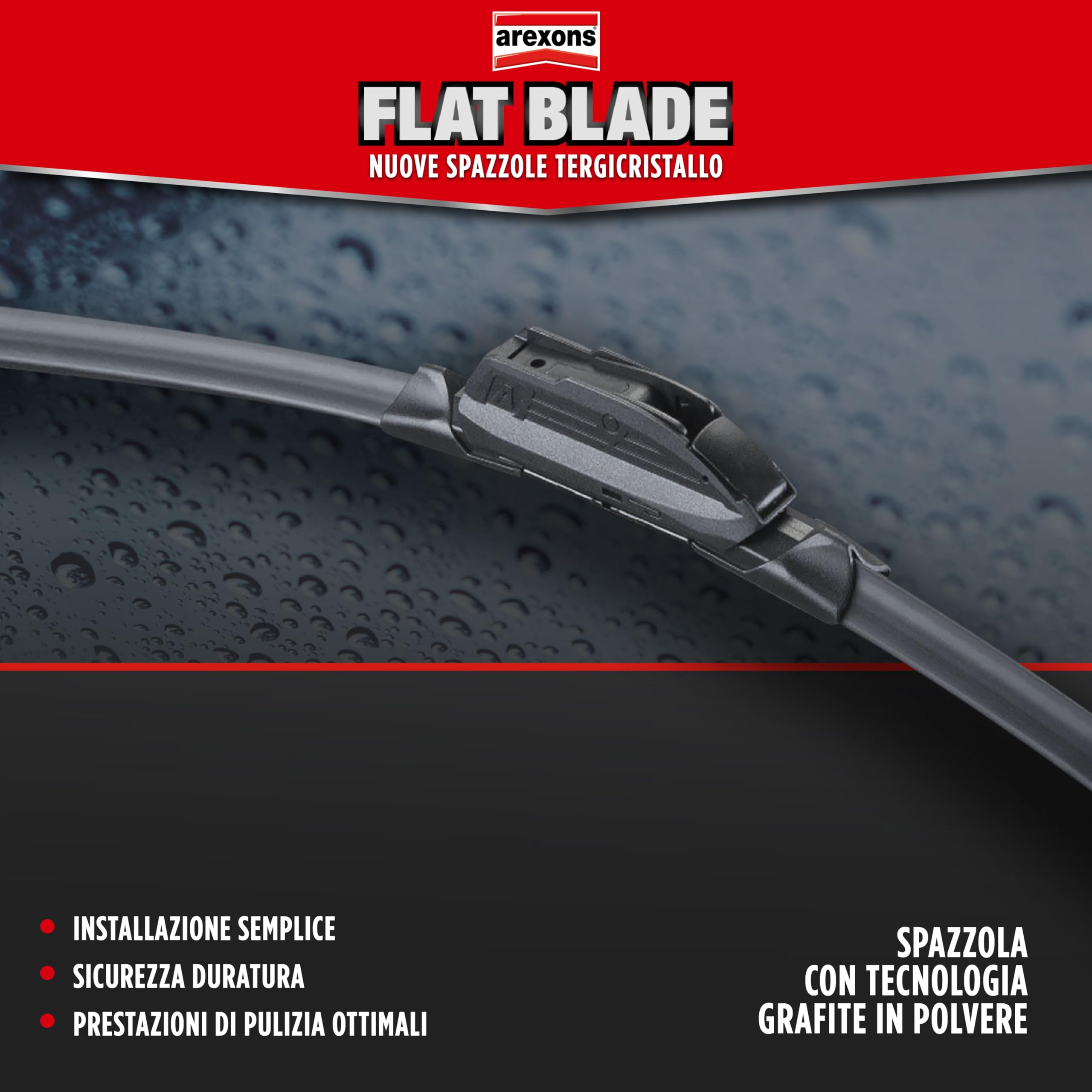 AREXONS - Spazzola Flat Blade 45cm con Kit Adattatori per Tergicristalli Tradizionali e Nuova Generazione, Design Aerodinamico, Gomma Grafitata, Struttura Plastica Alta Resistenza - 4