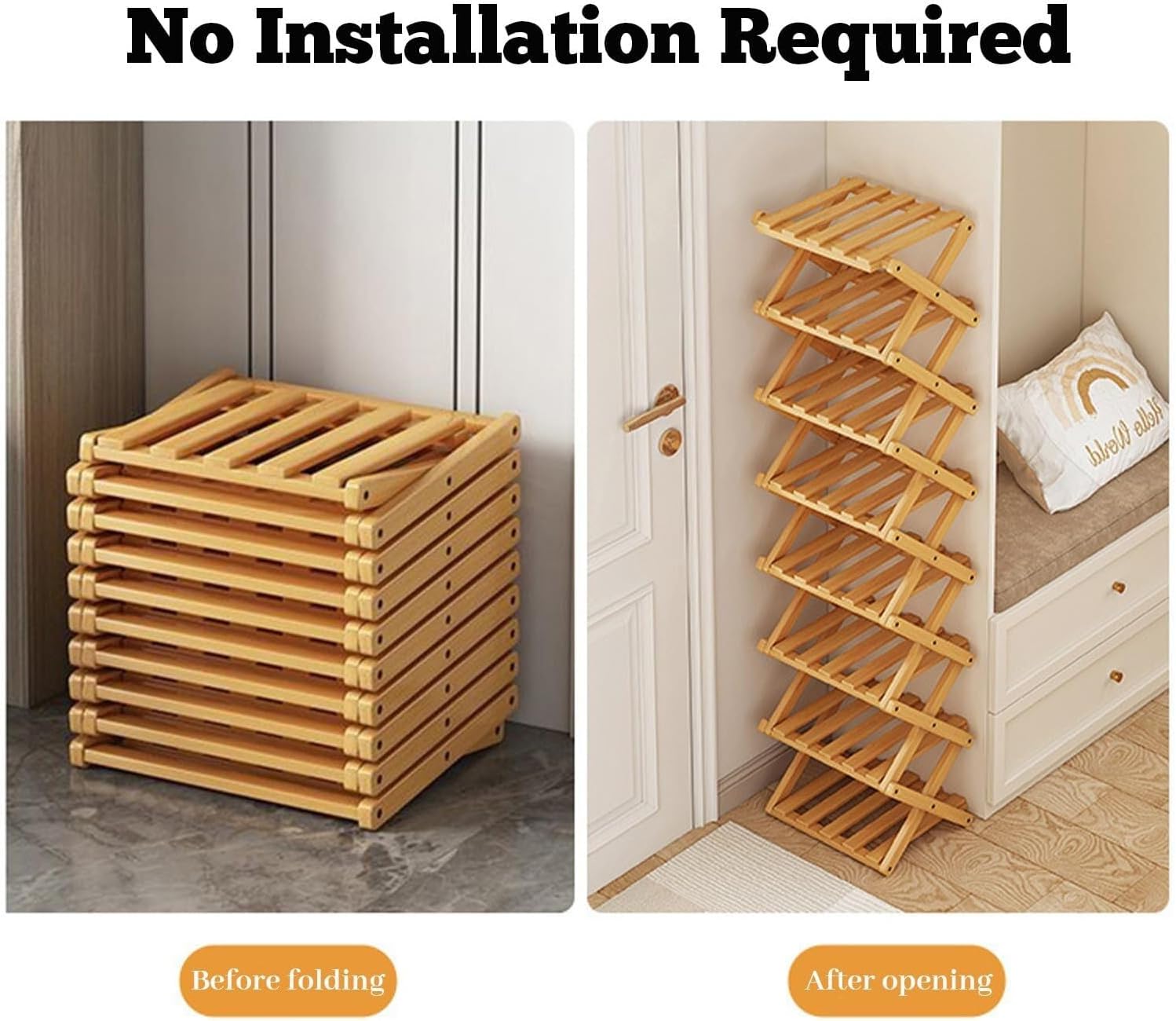2/3/4/5/6/7/8/9-Tier Bamboo Shoe Rack — A Foldable, Assembly-Free, and Space-Saving Multi-Tier Storage Rack, Suitable for use Indoors and on Balconies.