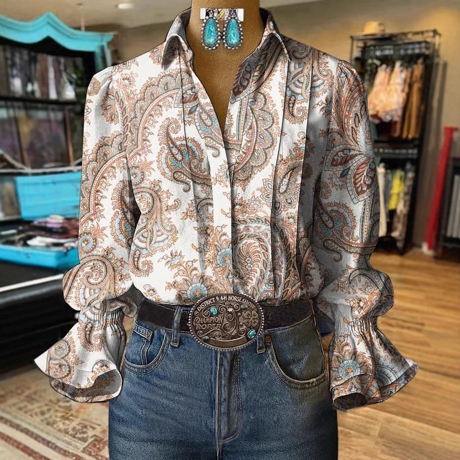 OSCORP Womens Boho Western Button Down Blouse, Long Sleeve Ruffle Cuff Pleated Loose Fit Cowgirl Paisley Print Shirt - Image 2