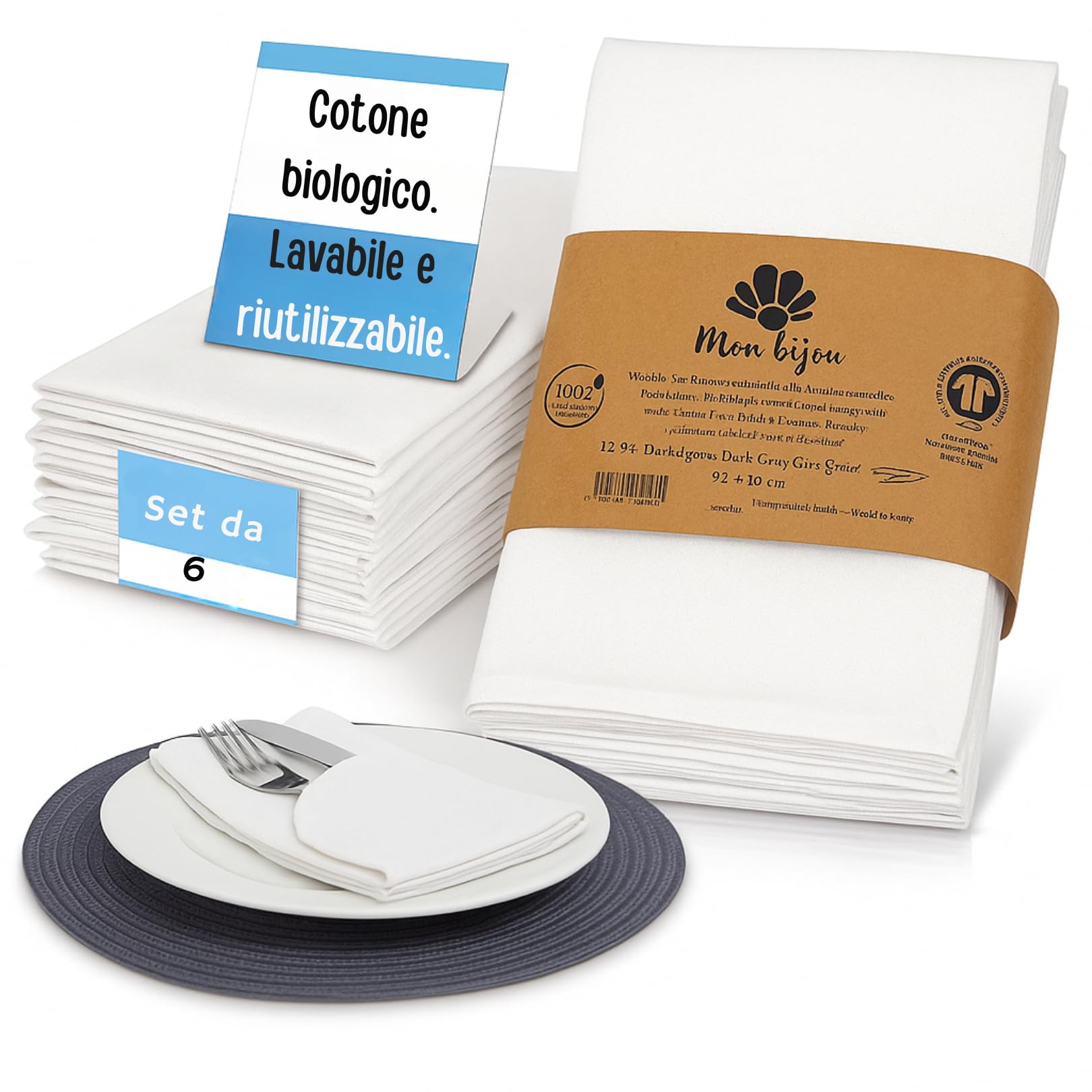 mon bijou® Set 6 Tovaglioli di Stoffa Bianchi 45x45 cm – 100% Cotone Biologico Certificato GOTS – Eleganti Lavabili Riutilizzabili – Sostenibili per Natale Pasqua Tavola Cucina Feste