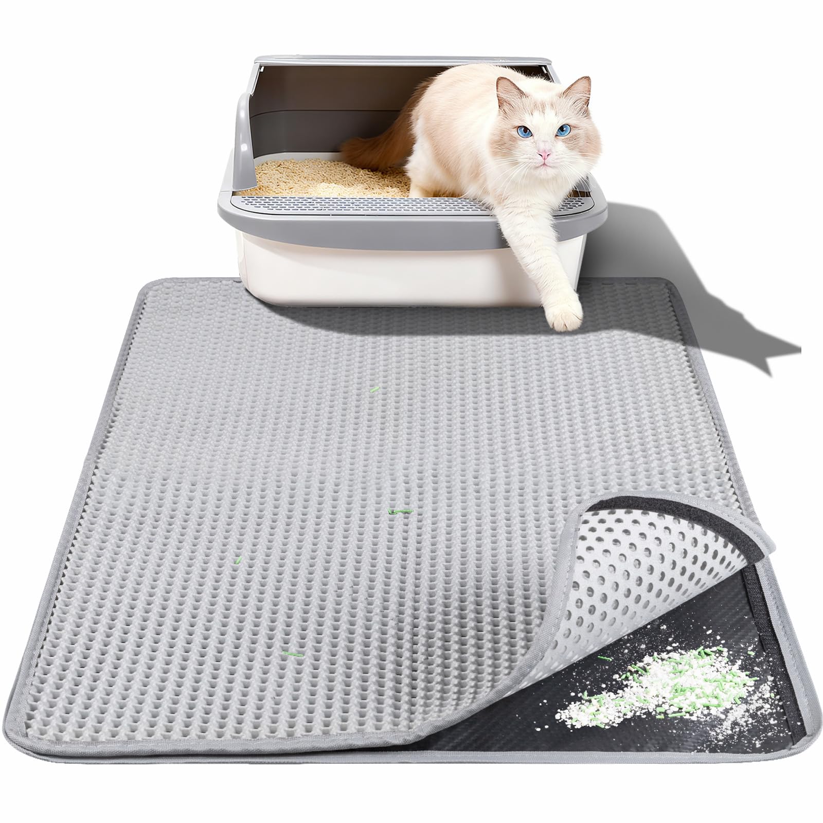 Large Cat Litter Box Mat for Cats, Double Layer Honeycomb Cat Litter Trapping Mats, Waterproof, Urine Proof,Non-Slip Litter Pad for Indoor Kitty Cat Litter Mat, Easy to Clean Grey (33.8'' x 23.6'')