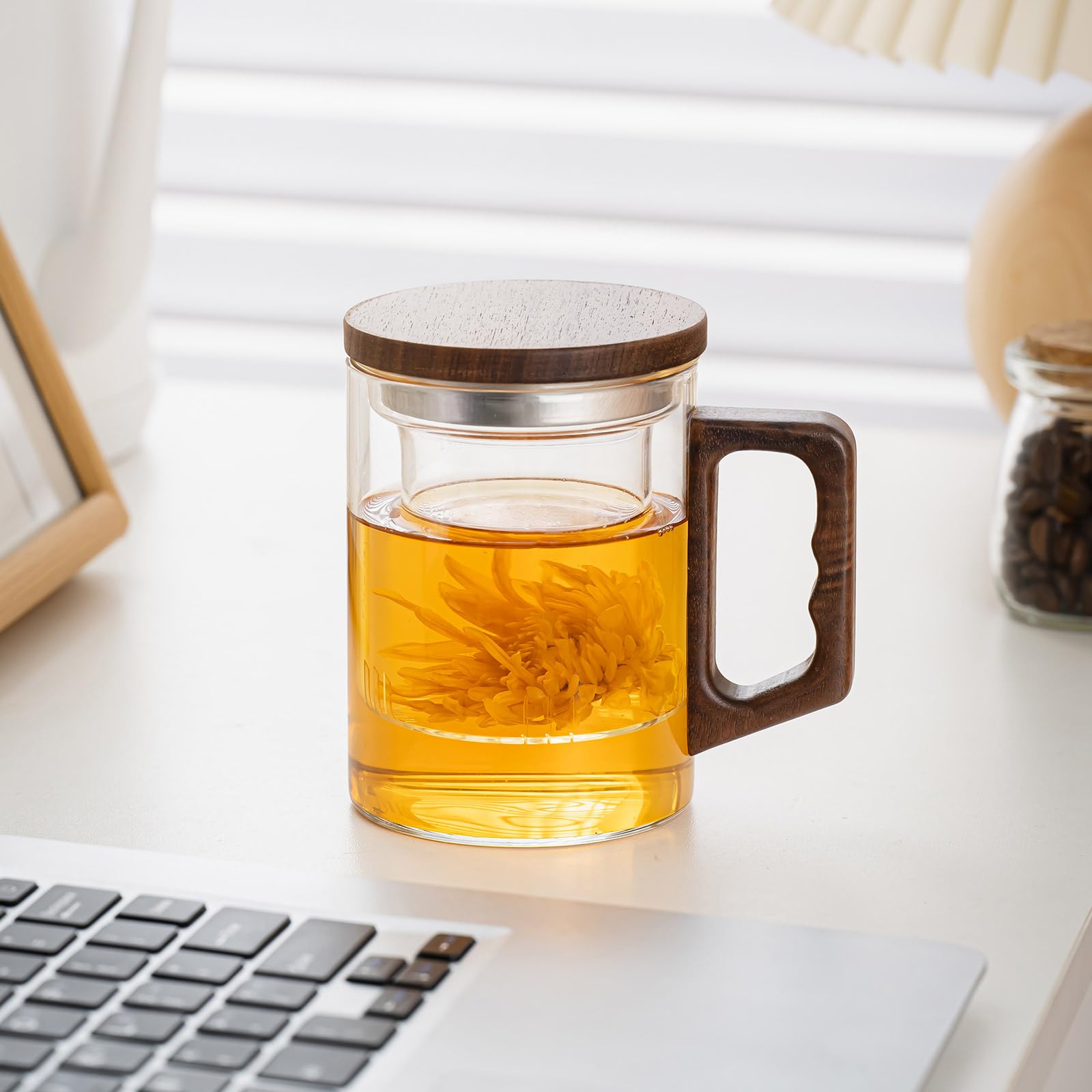 Taza de té de vidrio con infusor y tapa, 400 ml, tazas de té de vidrio de borosilicato para té de hojas sueltas, taza de té con mango de madera, regalo ideal