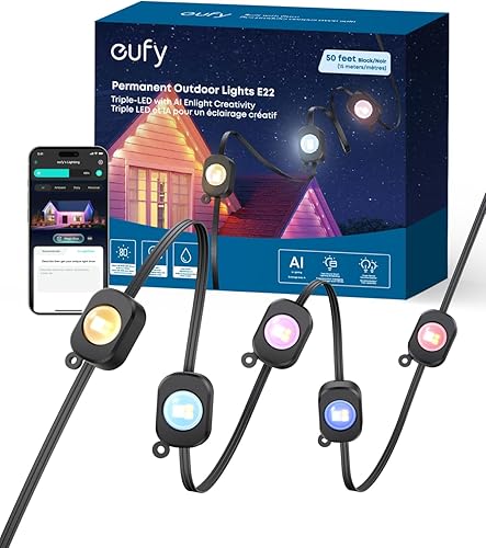 Miniatura 12 de eufy Luces Permanentes para Exteriores E22, 100 pies con 60 Luces LED Triples, RGBWW Inteligente para Navidad, Uso Diario y Días Festivos, Hasta