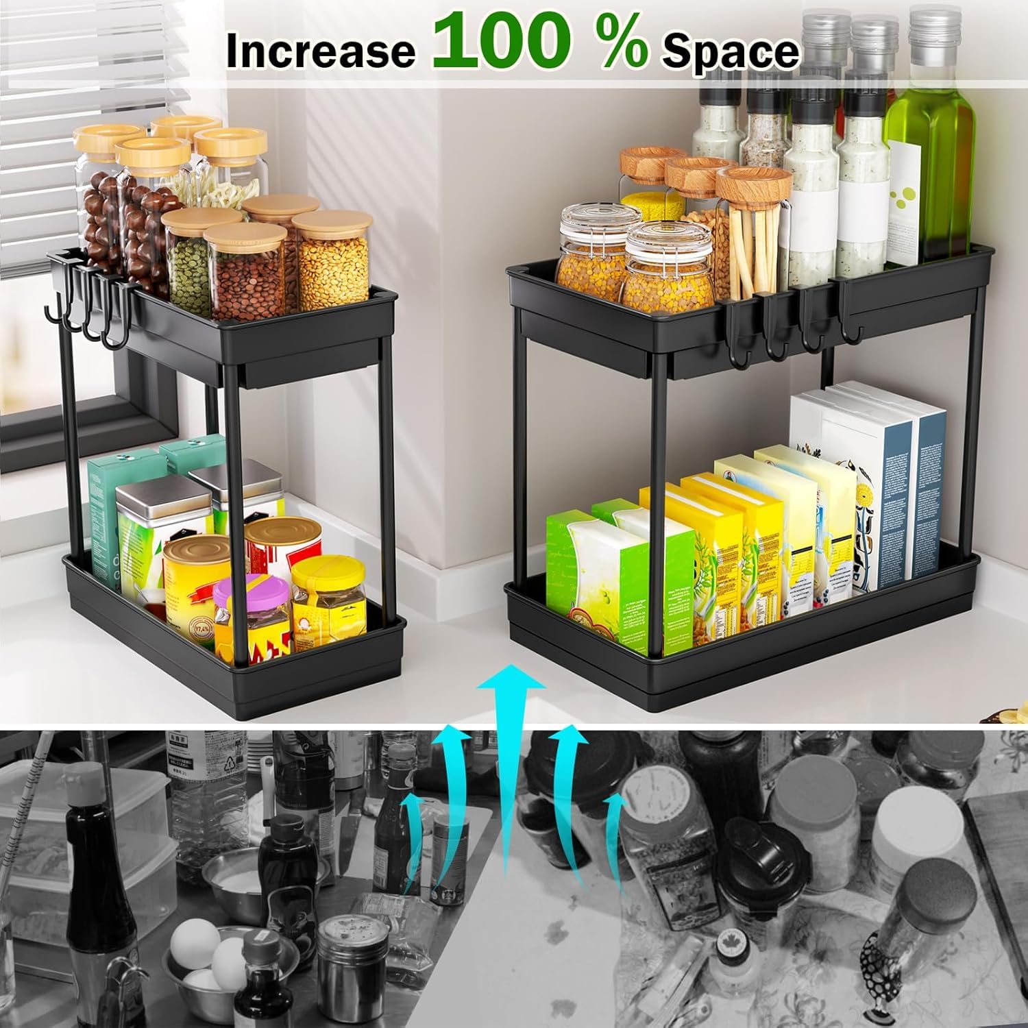 PurKeep Organizer da cucina – 2 pezzi a 2 ripiani da cucina sotto il lavandino, organizer con ganci, per bagno, piano di lavoro, nero