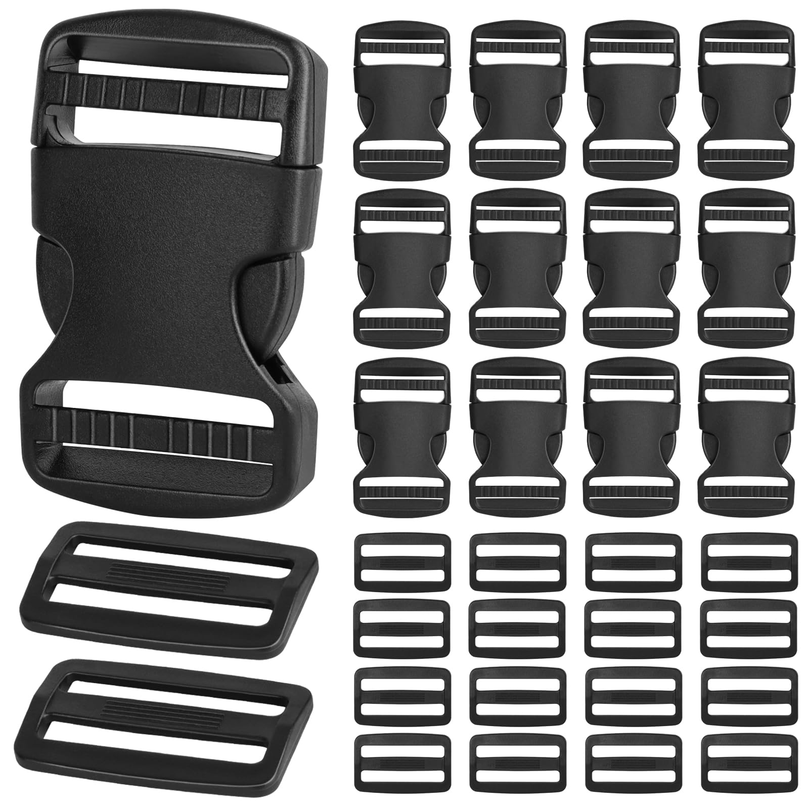 RYKOMO 15 Set 1.5 Inch Side Release Buckles Plastic Clips 30 PCS Tri-Glide Slides, Heavy Duty Dual Adjustable Plastic Buckle No Sewing Black Buckle Replacement for Backpack Luggage Strap Pet Collar
