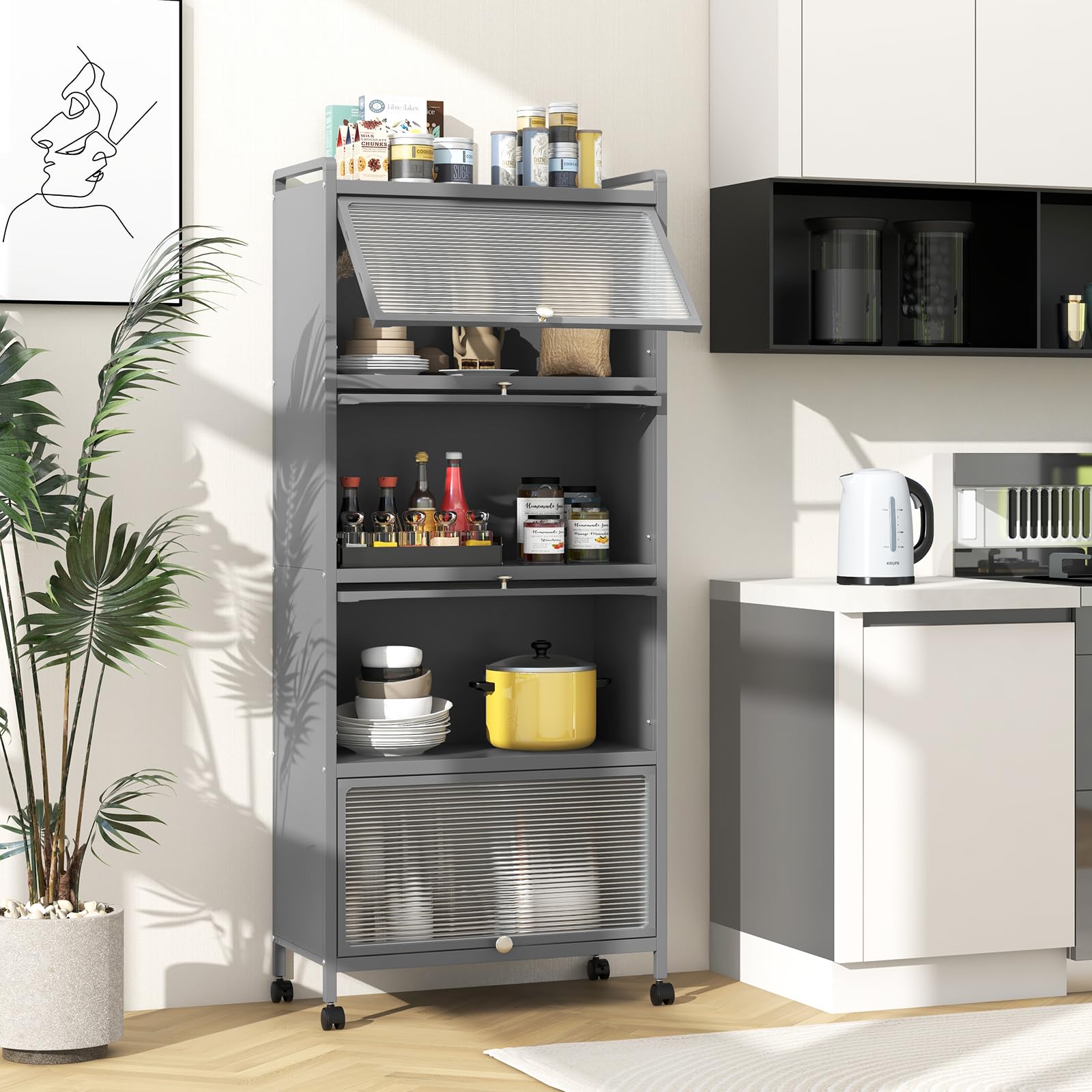 KOMFOTTEU Mobile Dispensa Cucina a 5 Livelli, Mensola Microonde con Anta a Vista, Ruote, Dispositivo Antiribaltamento, Scaffale da Cucina in Ferro per Soggiorno, Sala da Pranzo, 60x32x154cm (Grigio)
