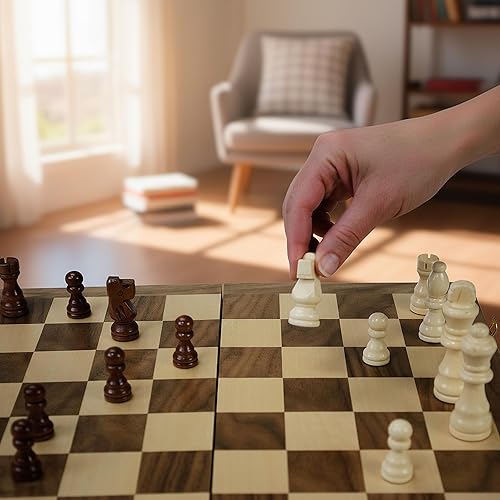 Miniatura 8 de STERLING Games - Juego de ajedrez de madera maciza de 16 pulgadas, tablero plegable de viaje con cerraduras de latón y almacenamiento interior de