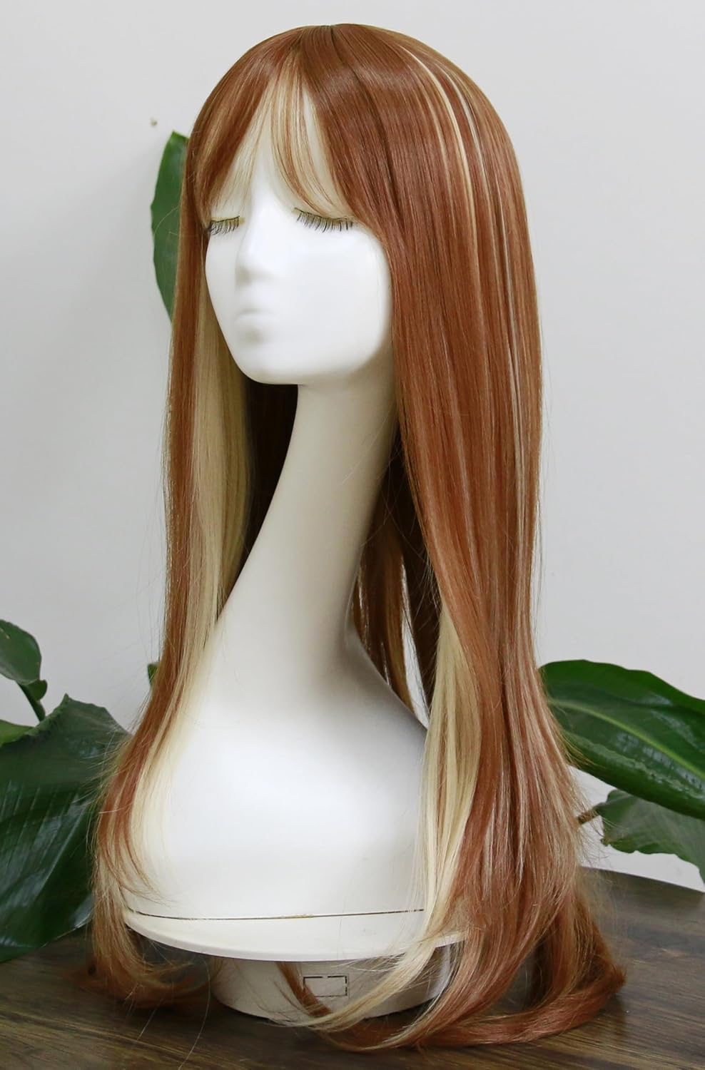 Ginger Brown Blonde Highlights Mixed Fringe Wig With Bangs Heat Resistant Synthetic Wig Loose Wavy Body Wave Wigs Girls Fashion Costume Wig