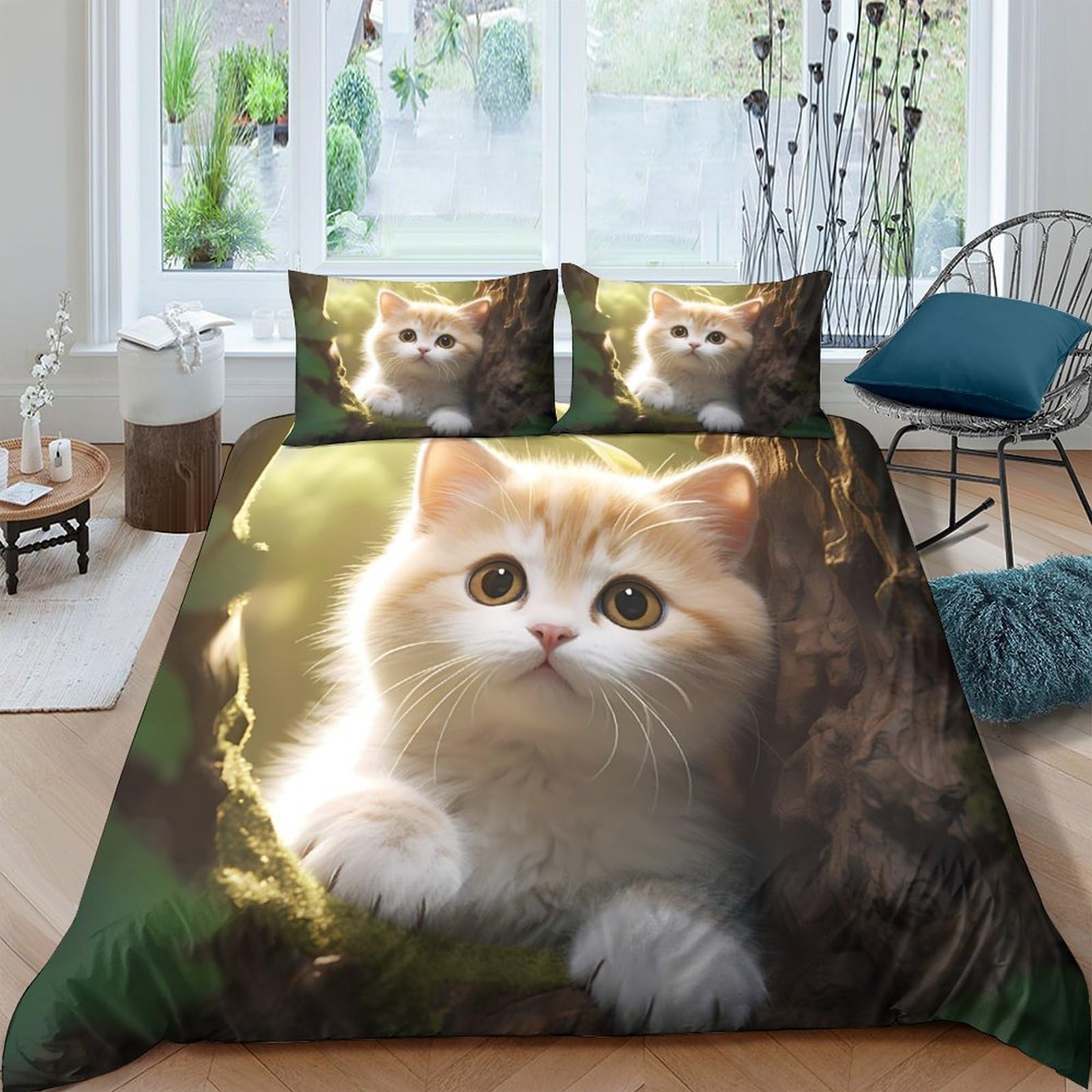 Ctjqhvkz Style-7 3D Printed Ginger Kitten Fitted Sheet Microfiber Soft Anti-Slip Cat Face Bed Cover For Bedroom Dorm Mattress Decor Single（135X200cm）