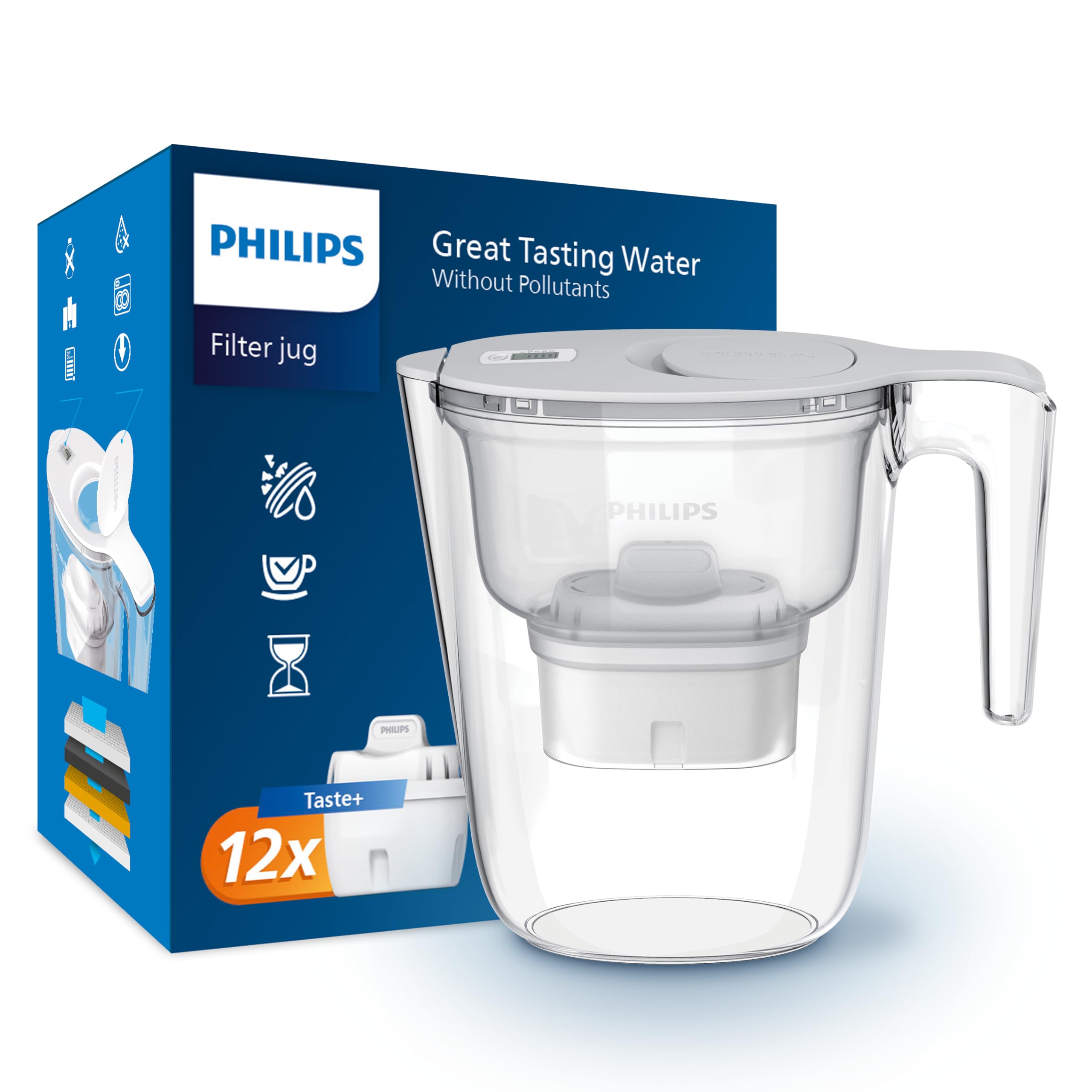 Philips Water Filter Jug +12 Taste+ Replacement Filter Cartridges, Fast flow, White, 2.6 litres, Electronic timer