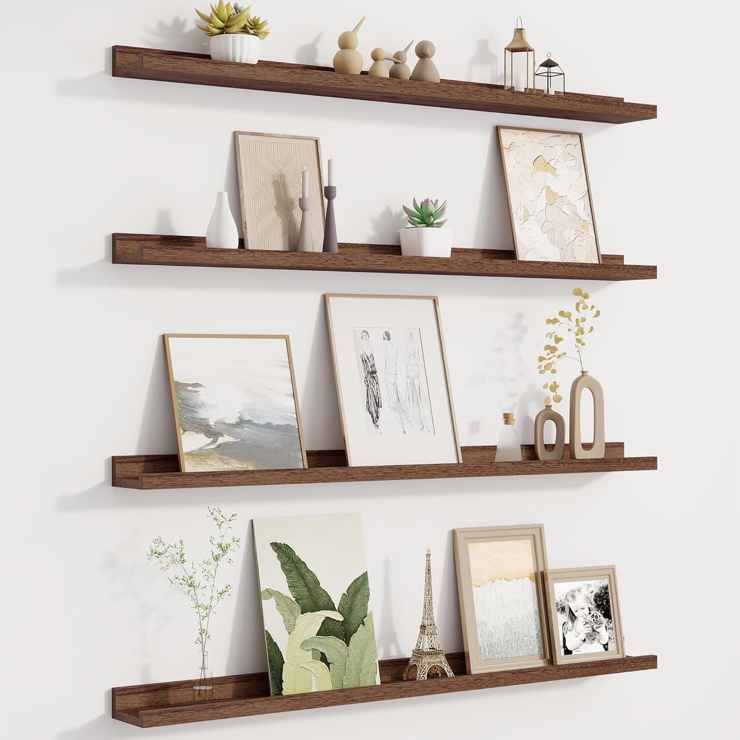 picture ledge shelf for wall, floating shelves set of 4, 36 inch long nursery book shelves for toys storage, kids bookshelf wall mounted for wall decor books photo frames, walnut walnut 36"w x 3.5"d, set of 4