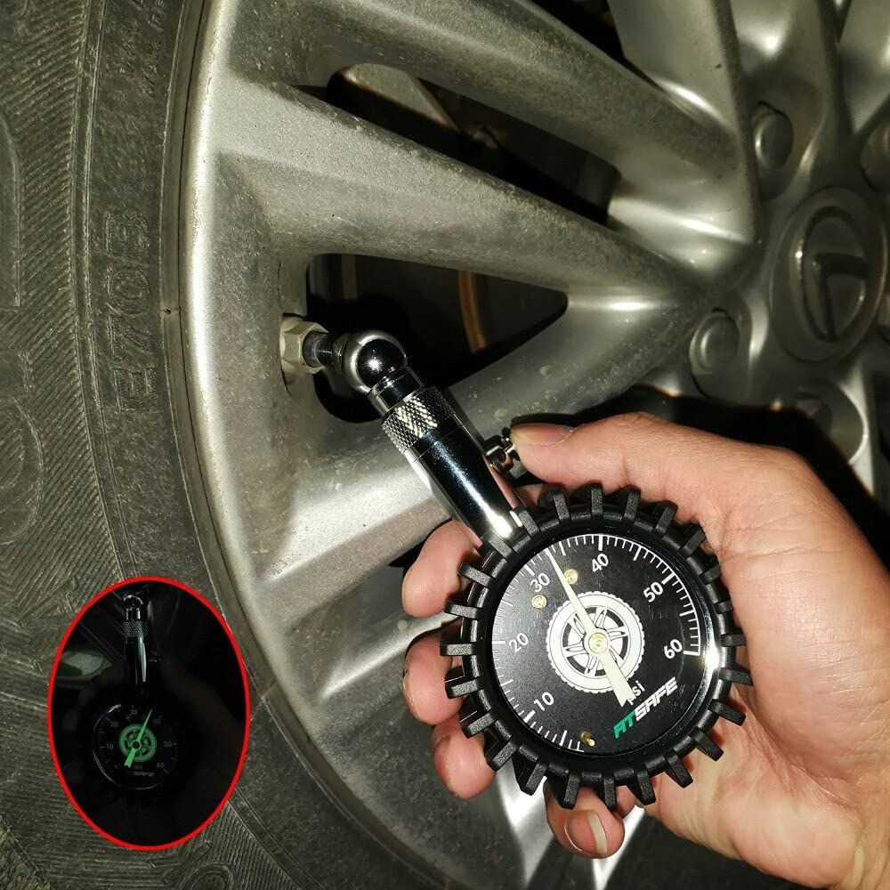 Manómetro de presión de neumáticos de 60 psi, brilla en la oscuridad, con tapas de válvulas de neumáticos, manómetro mecánico profesional para neumáticos compatible con motocicletas, coches, camione