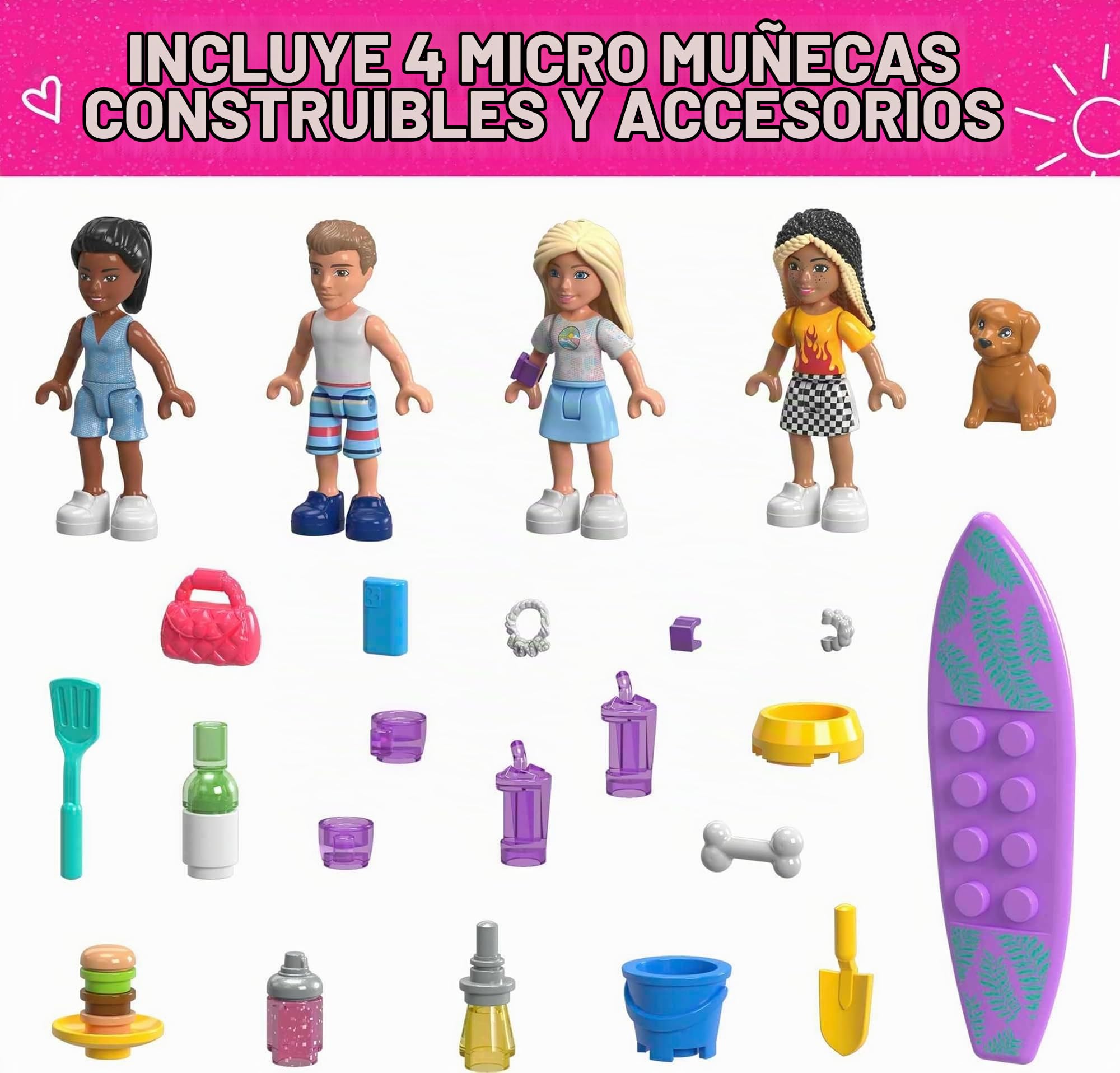Mega Construx Barbie Aventuras en la Autocaravana con Bloques de construcción, Mini muñecas y Accesorios, Juguete +5 años (Mattel HPN80)