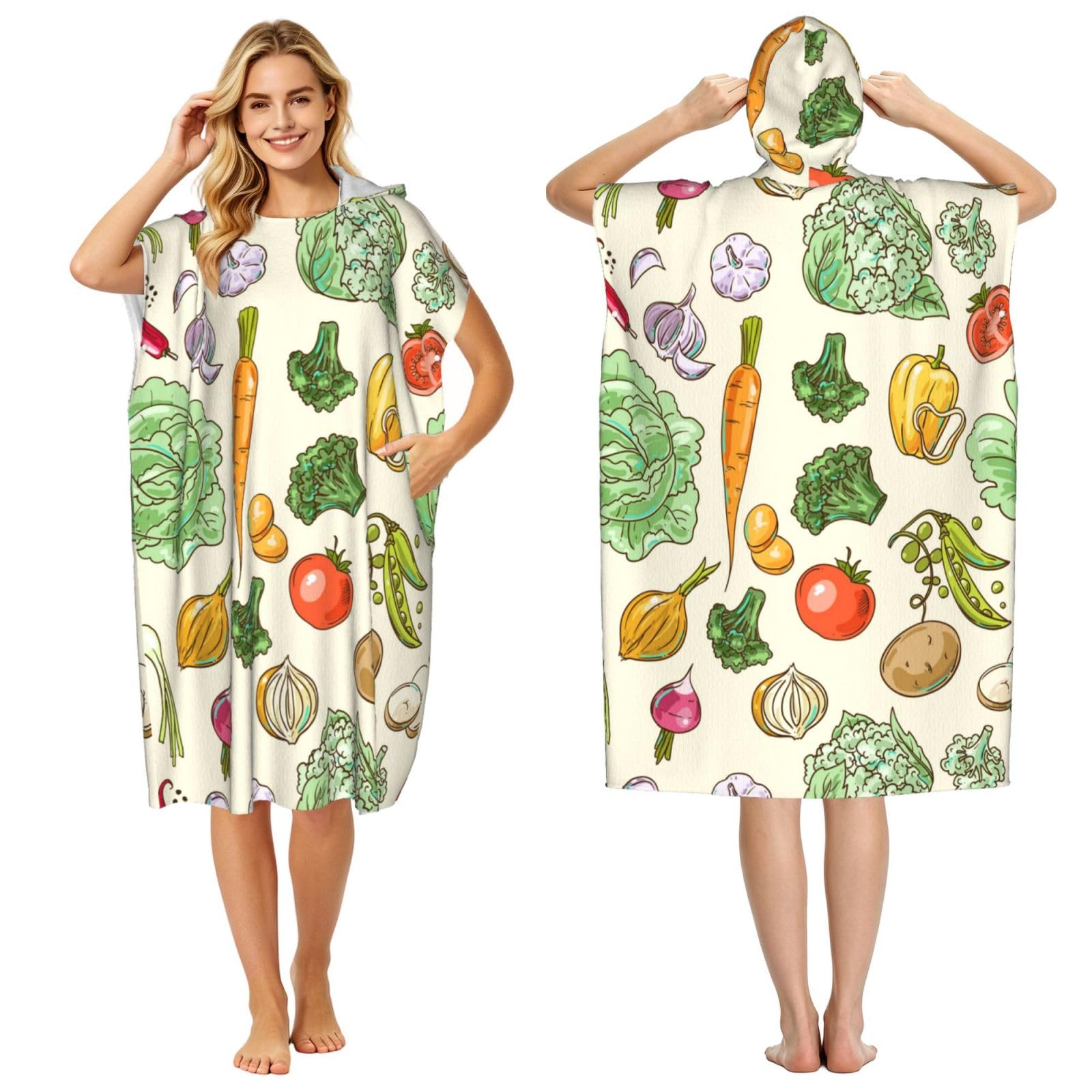 Poadnly Beautiful Hand Drawn Vegetables, Adult Hooded Beach Towel 90 x 110 cm,Changing Bath Robe, Surf Poncho Towel For Women Men