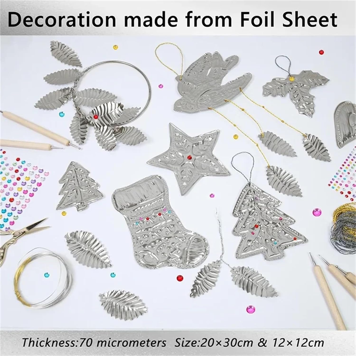 Foil Art Embossed Christmas Ornament Craft Set Gold Crafting Accessory Silver Shimmer Metal Embossing Art Kit For-Scrapbooking Handmade Design Set Artistic Project