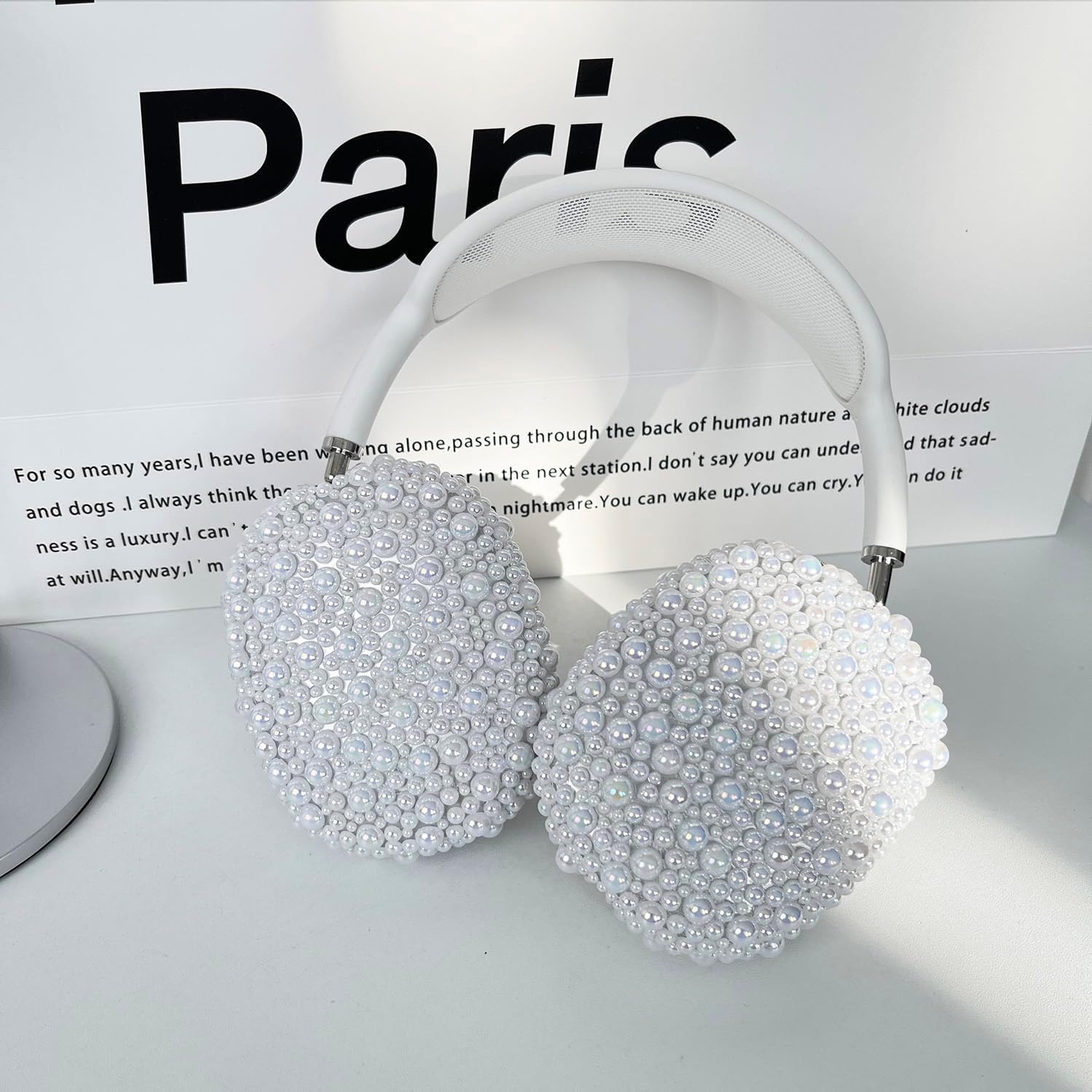 Glitter Pearls Case Cover for AirPods Max Headphones with Cleaner Pen Girls, Soft Handmade Beads TPU Ear Cups/Ear Pad/Headband Case Cover Silicone Protector for Apple Air Pod Max Accessories, White