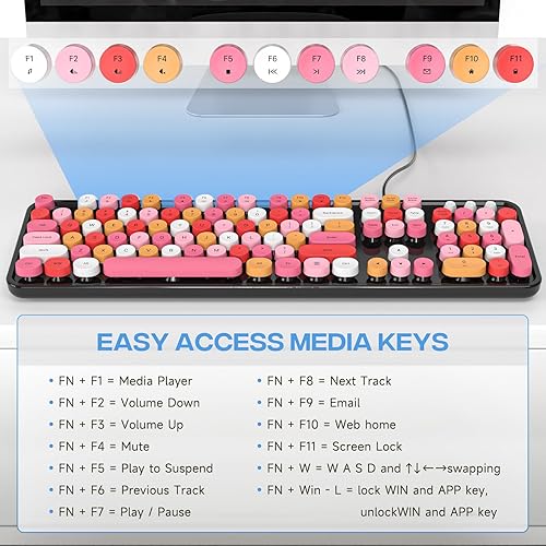 Miniatura 6 de Atelus Teclado de computadora con cable USB, teclado retro de máquina de escribir, teclado de oficina de tamaño completo con teclado numérico,