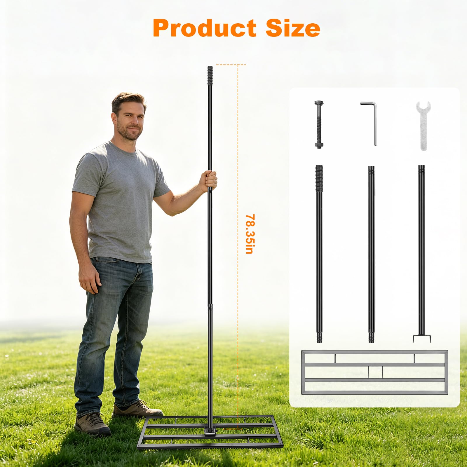 Rasen Nivellierrechen 43x25cm mit Gezahnte Seite und 199 cm Langer Griff, 2-In-1 Rasen-Nivelliergerat aus Eisen, Rasenrechen Leveling Rake für Garten/Hof/Golfplatz, Einebnen von Sand und Erde