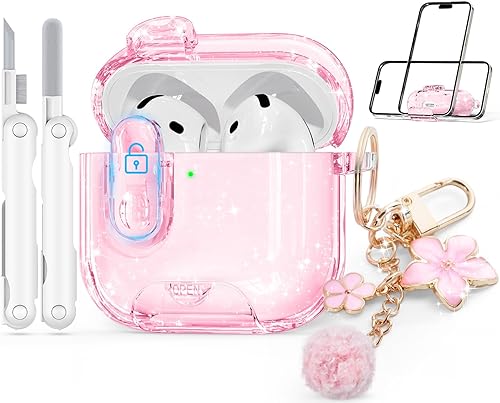 con bloqueo de seguridad para estuche de AirPods 4 de Apple 2024, estuches transparentes con soporte para teléfono y kit de limpieza, funda de TPU