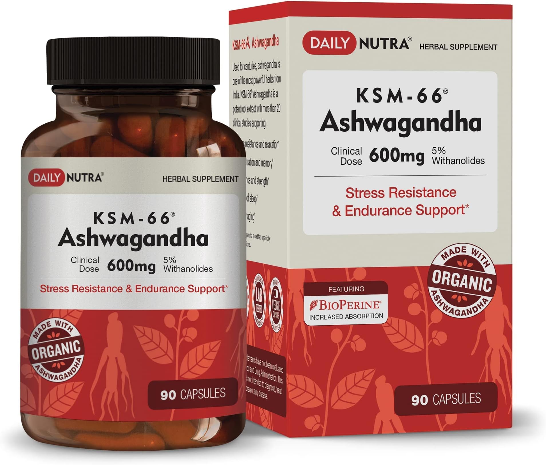 DailyNutra KSM-66 Ashwagandha 600mg - Organic Root Extract - High Potency 5% Withanolides - Health Benefits Include Reduced Stress and Anxiety, Increased Energy and Focus (90 Vegetarian Capsules)
