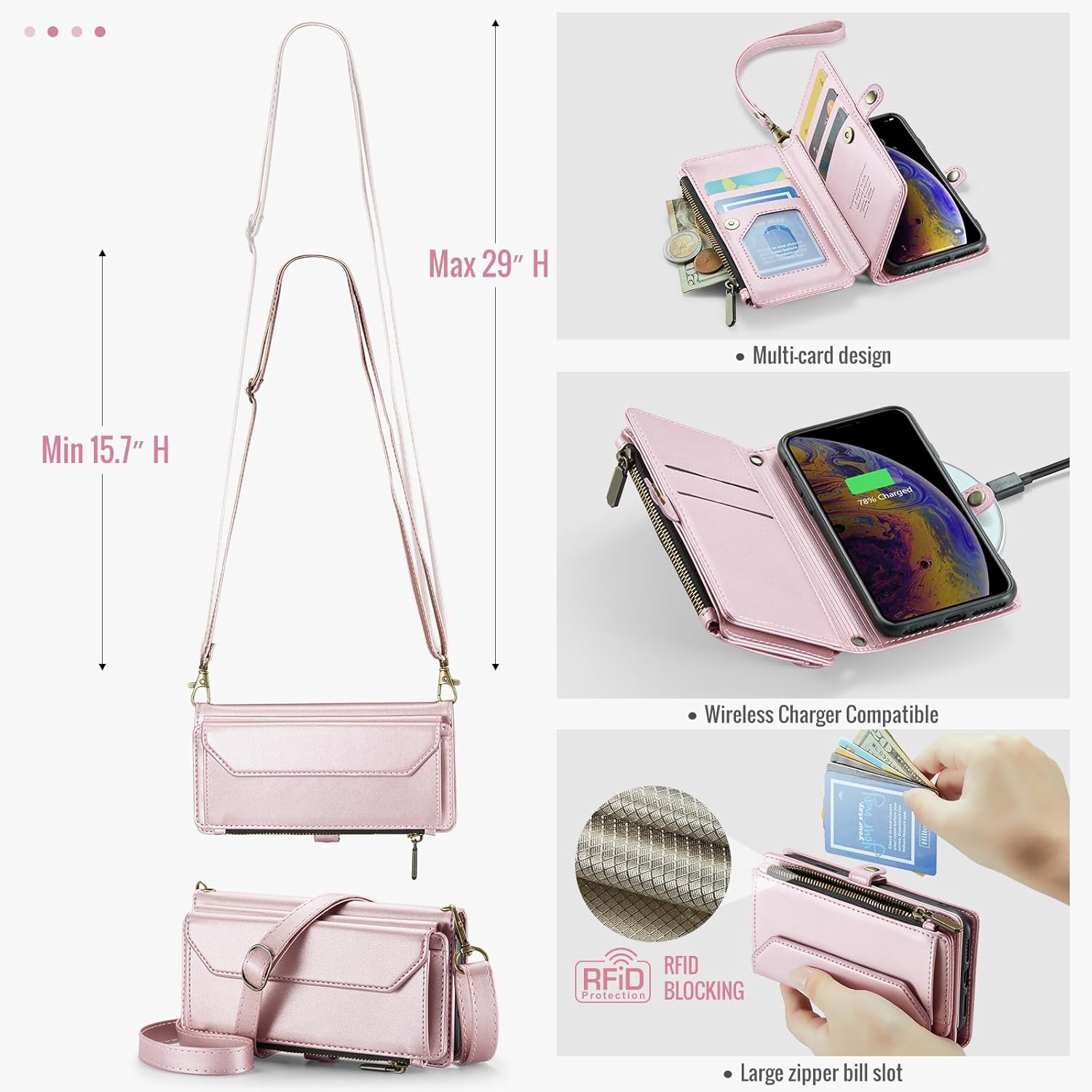 Phone Case for iPhone Xs X 10 10s Zipper Wallet Cover with Tempered Glass Screen Protector and Flip RFID Blocking Card Holder Cell iPhoneX iPhoneXs iPhone10 i PhoneX SX 10x 10xs X’s Women Rose Gold
